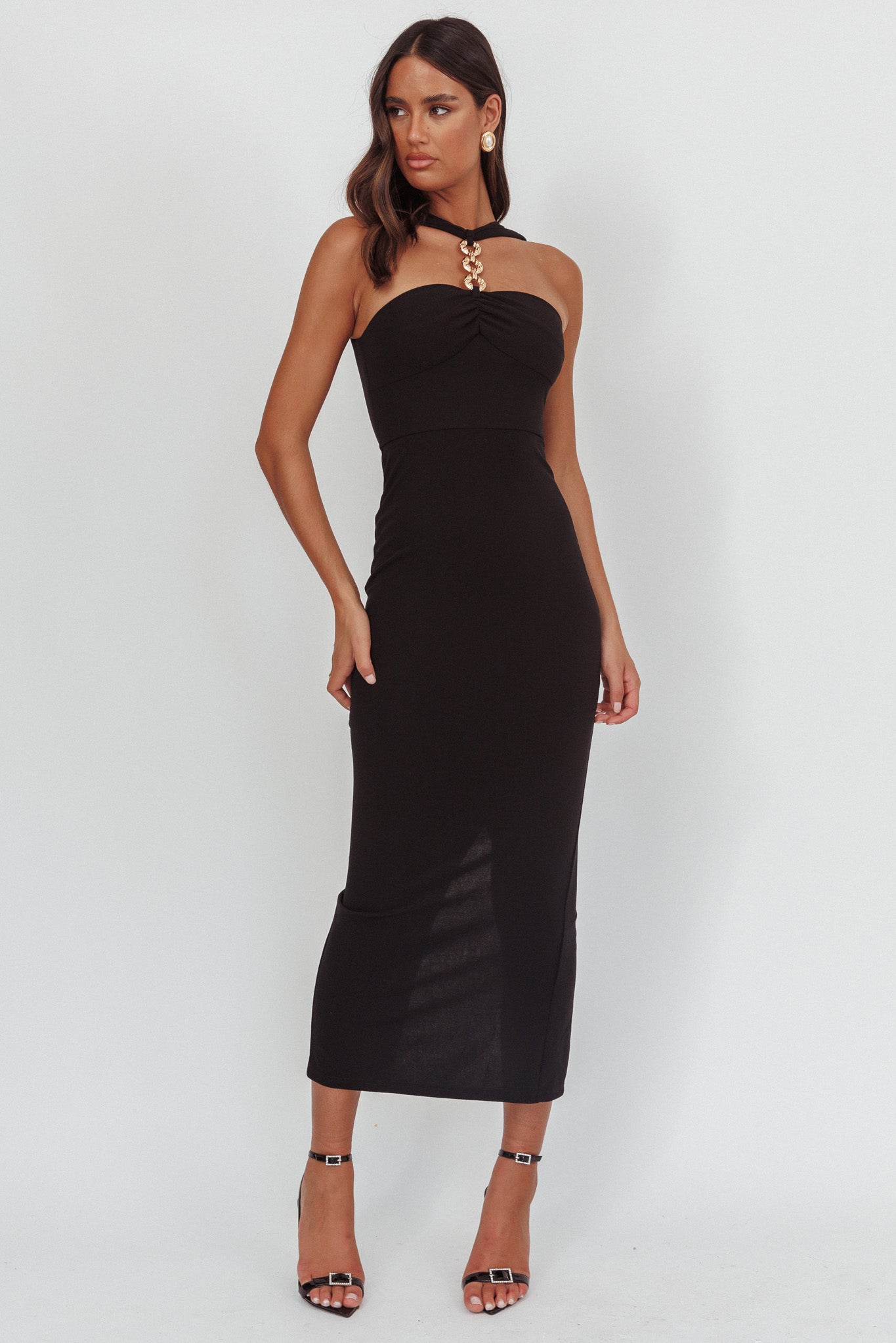 Maretha Gold Link Neckline Maxi Dress Black by Selfie Leslie Australia