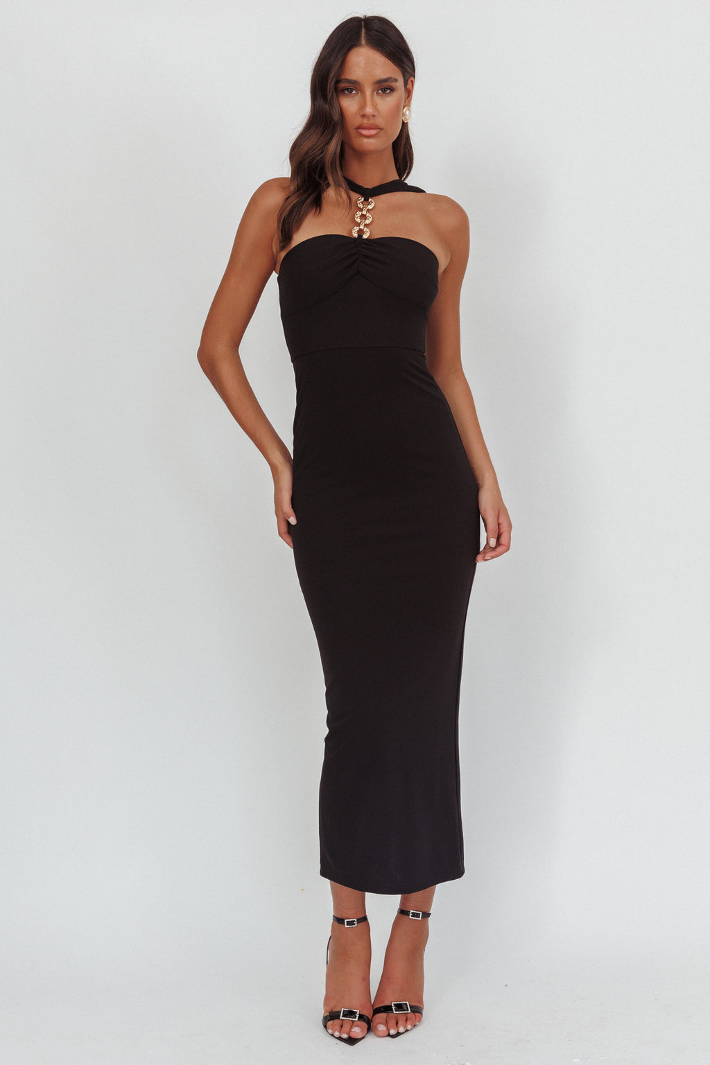Maretha Gold Link Neckline Maxi Dress Black by Selfie Leslie Australia