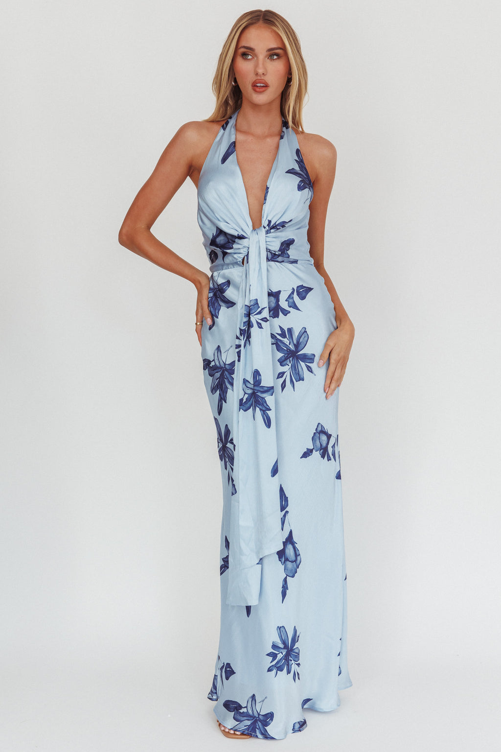 Make Believe Plunging Halterneck Maxi Dress Floral Navy by Selfie Leslie Australia
