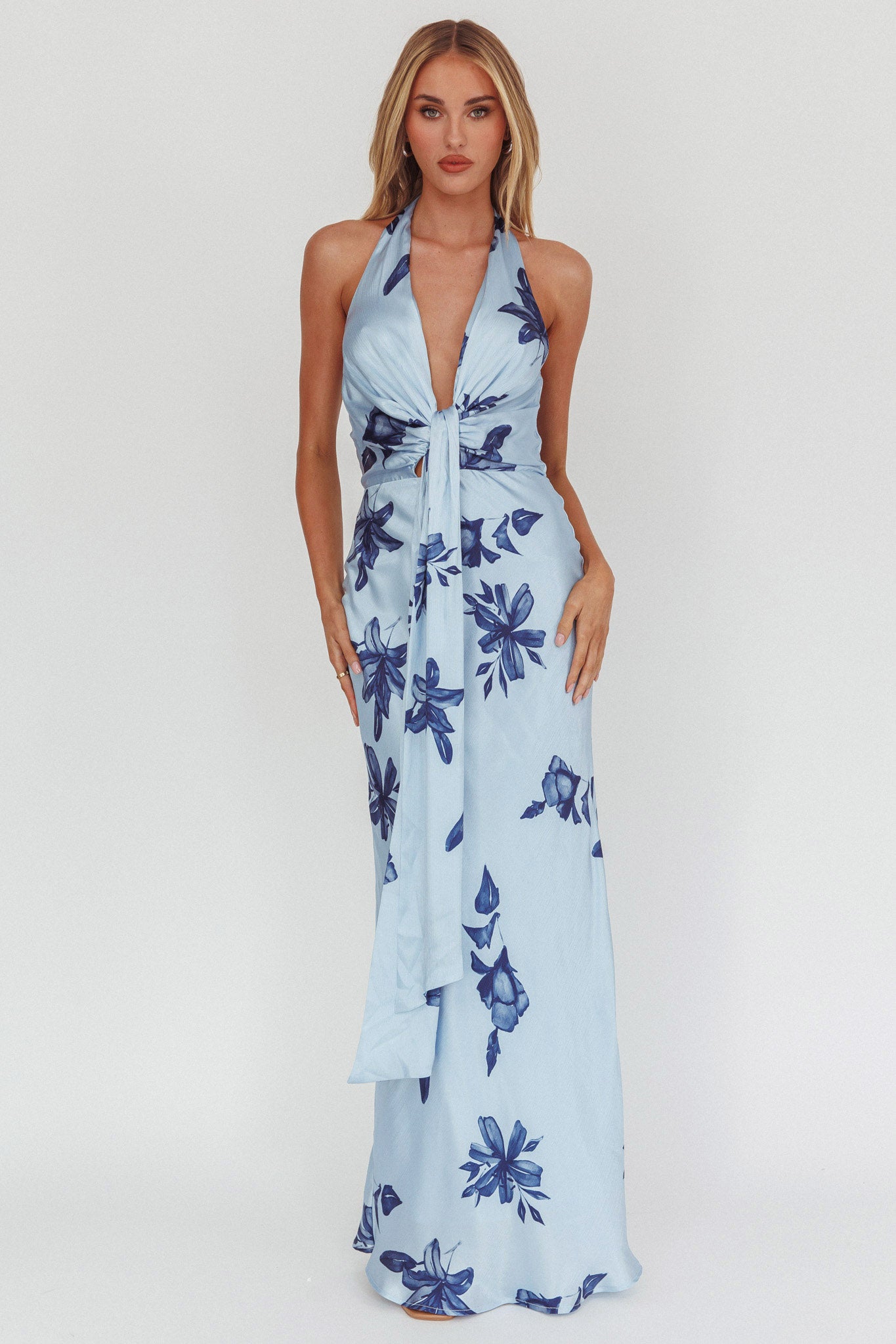 Make Believe Plunging Halterneck Maxi Dress Floral Navy by Selfie Leslie Australia