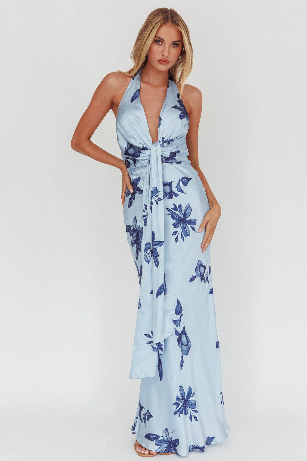 Make Believe Plunging Halterneck Maxi Dress Floral Navy by Selfie Leslie Australia