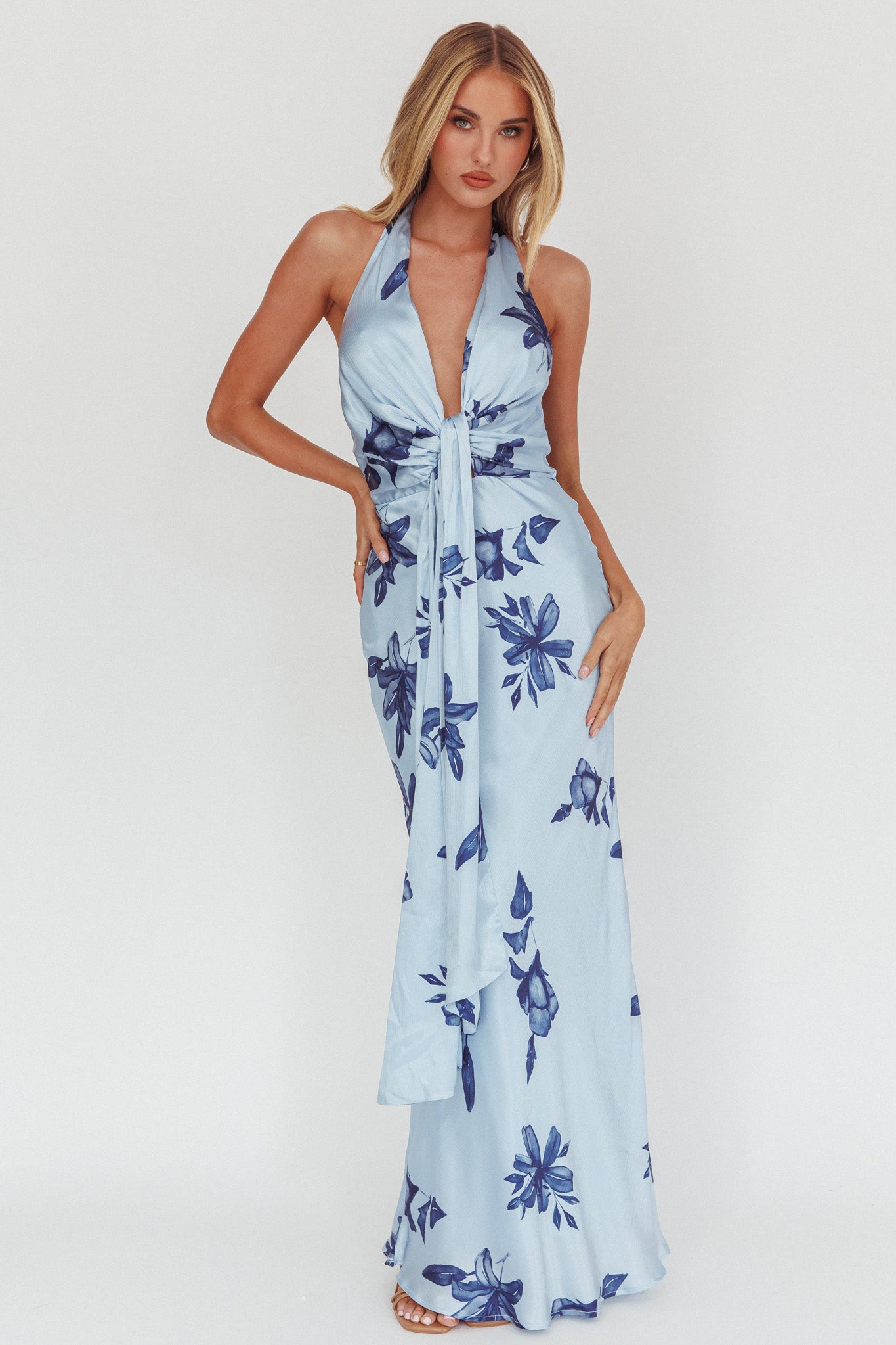 Make Believe Plunging Halterneck Maxi Dress Floral Navy by Selfie Leslie Australia