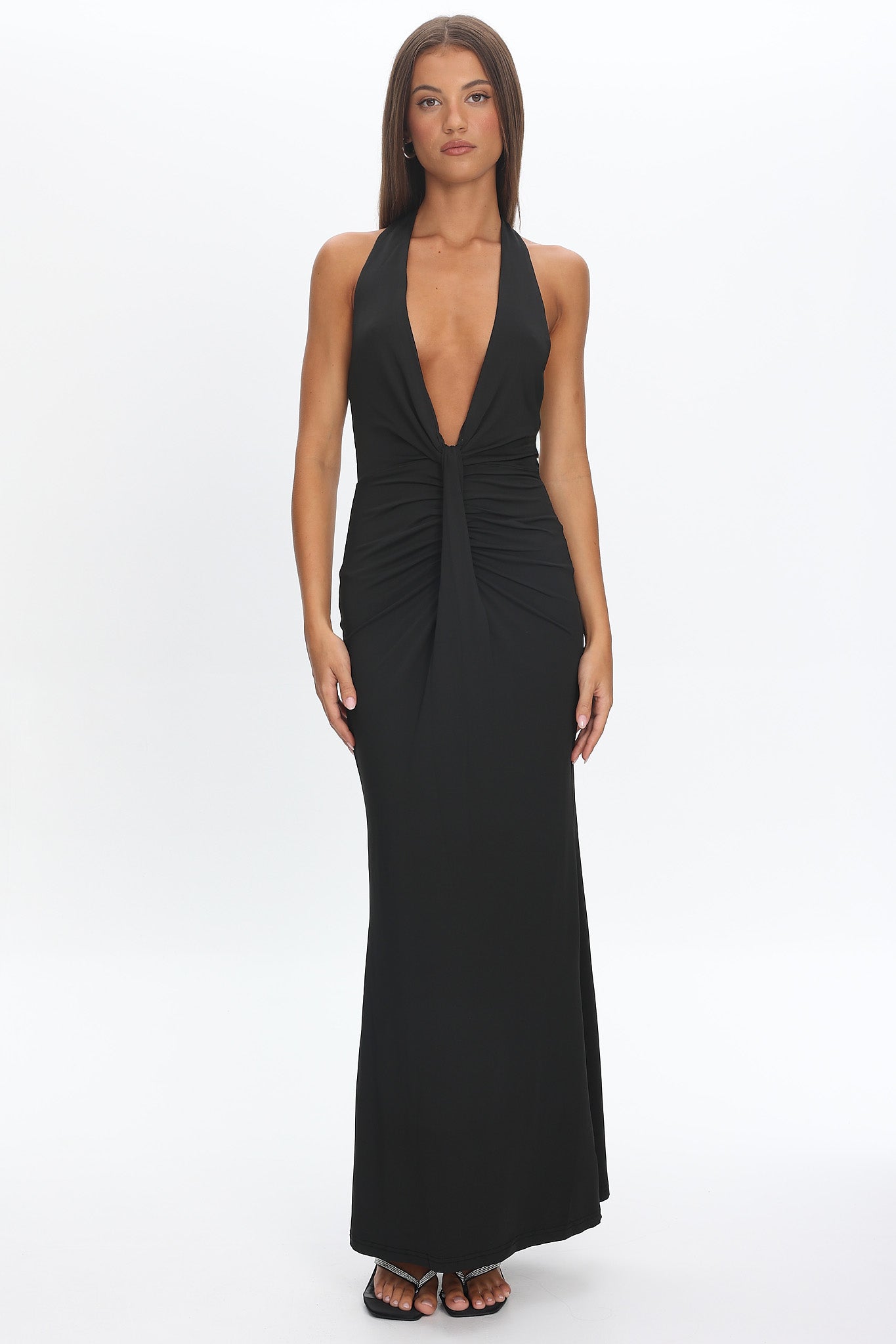 Make Believe Plunging Halterneck Maxi Dress Black by Selfie Leslie Australia