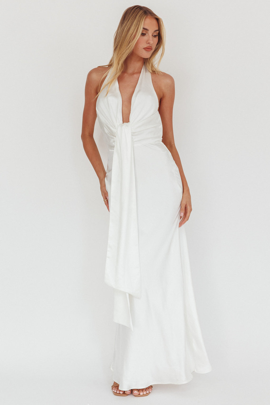 Make Believe Plunging Halterneck Maxi Dress Oyster by Selfie Leslie Australia