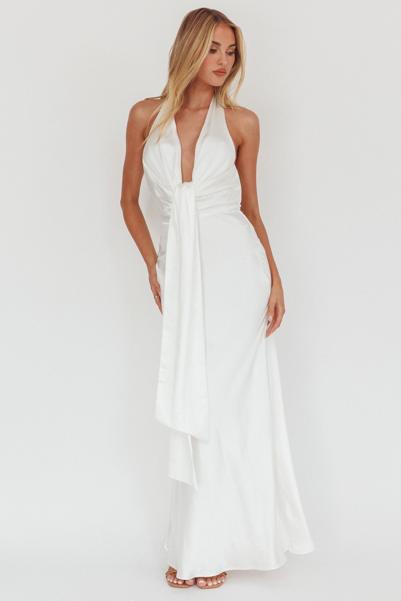 Make Believe Plunging Halterneck Maxi Dress Oyster by Selfie Leslie Australia