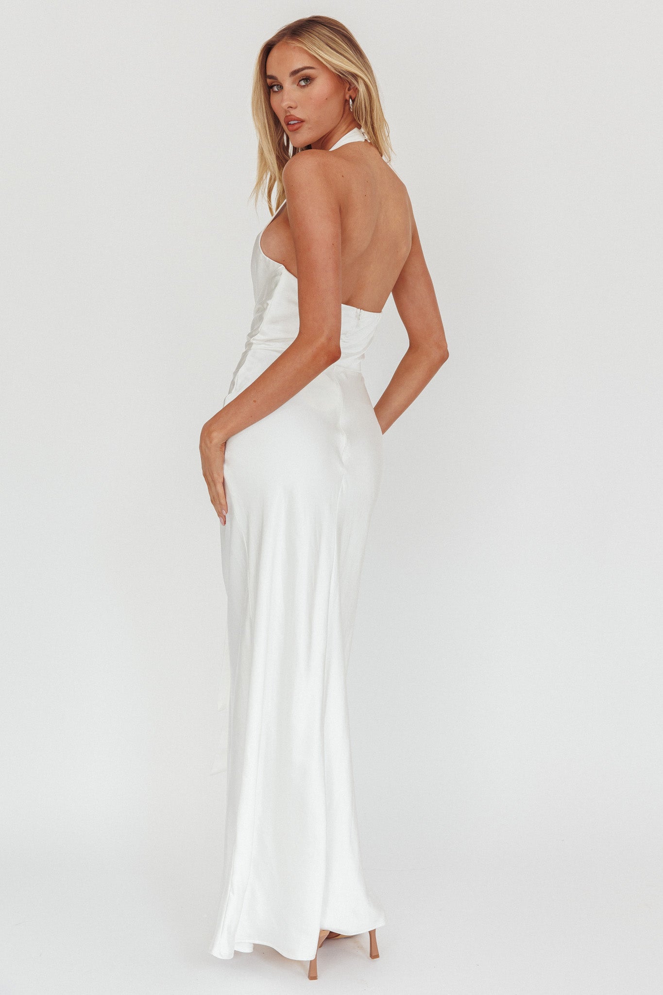 Make Believe Plunging Halterneck Maxi Dress Oyster by Selfie Leslie Australia