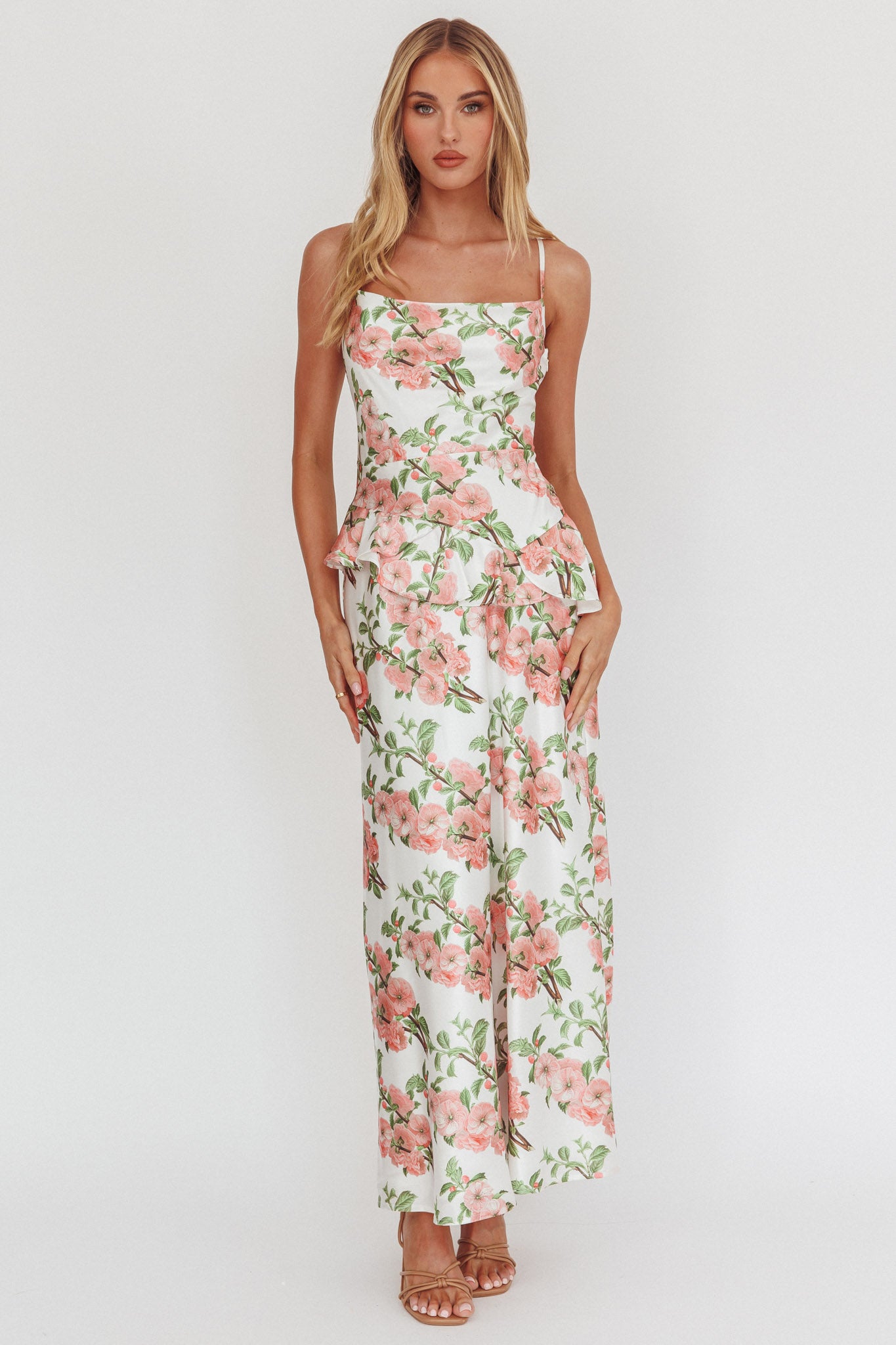 Jerica Ruffle Waist Maxi Dress Floral Blush by Selfie Leslie Australia
