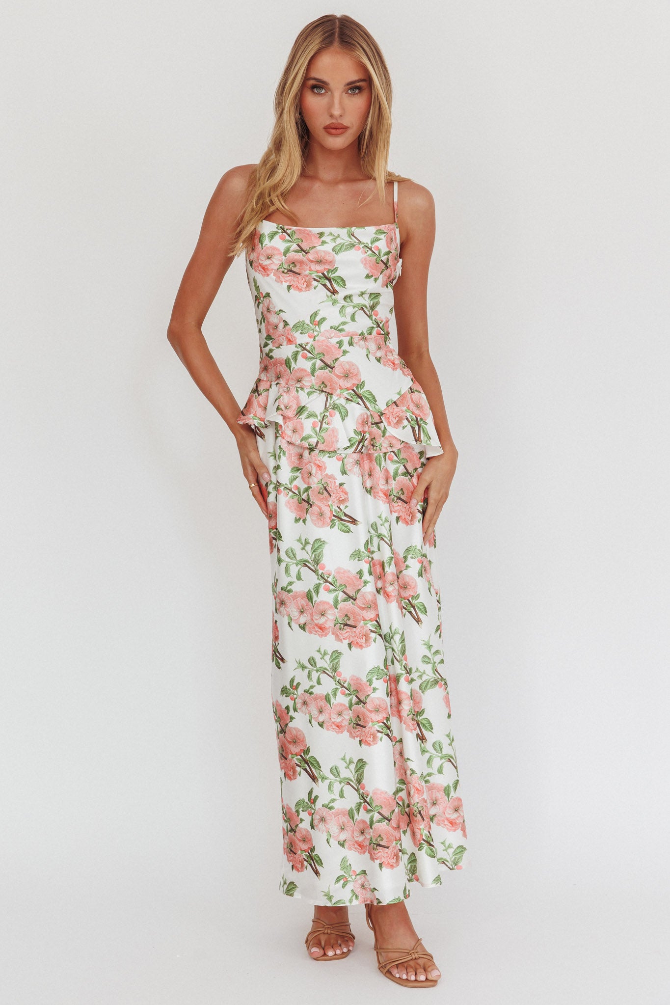Jerica Ruffle Waist Maxi Dress Floral Blush by Selfie Leslie Australia