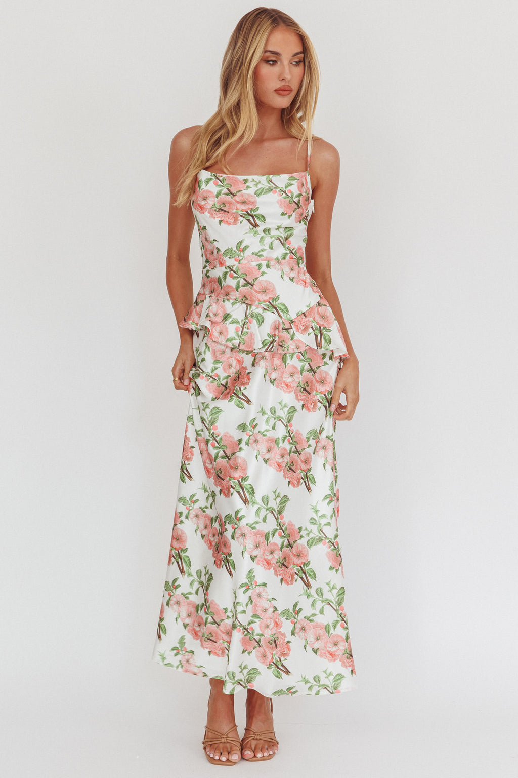 Jerica Ruffle Waist Maxi Dress Floral Blush by Selfie Leslie Australia