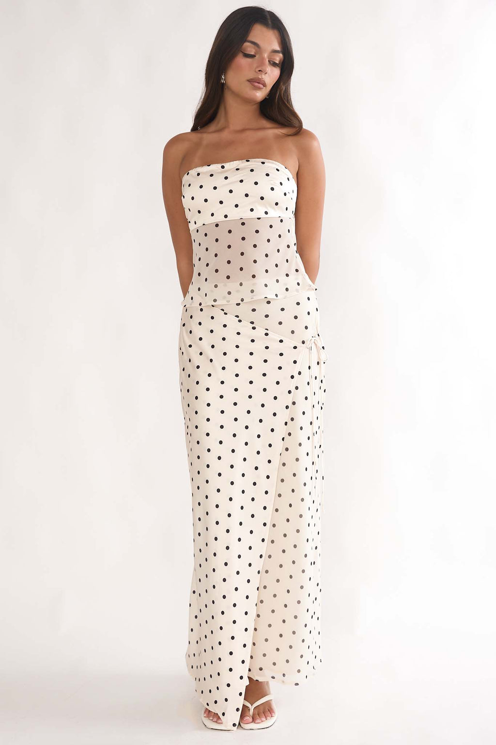 Jerica Wrap Front Maxi Skirt Polka Dot Beige by Selfie Leslie Australia