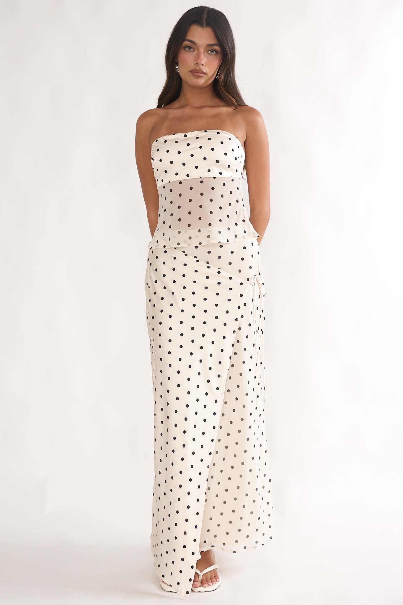 Jerica Wrap Front Maxi Skirt Polka Dot Beige by Selfie Leslie Australia