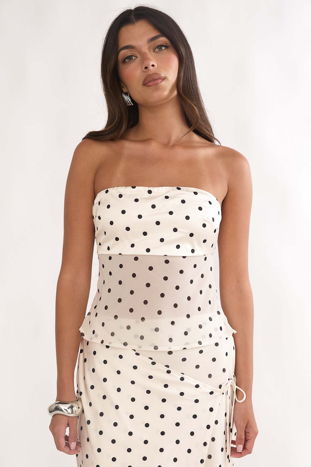 Jerica Strapless Sheer Waist Top Polka Dot Beige by Selfie Leslie Australia