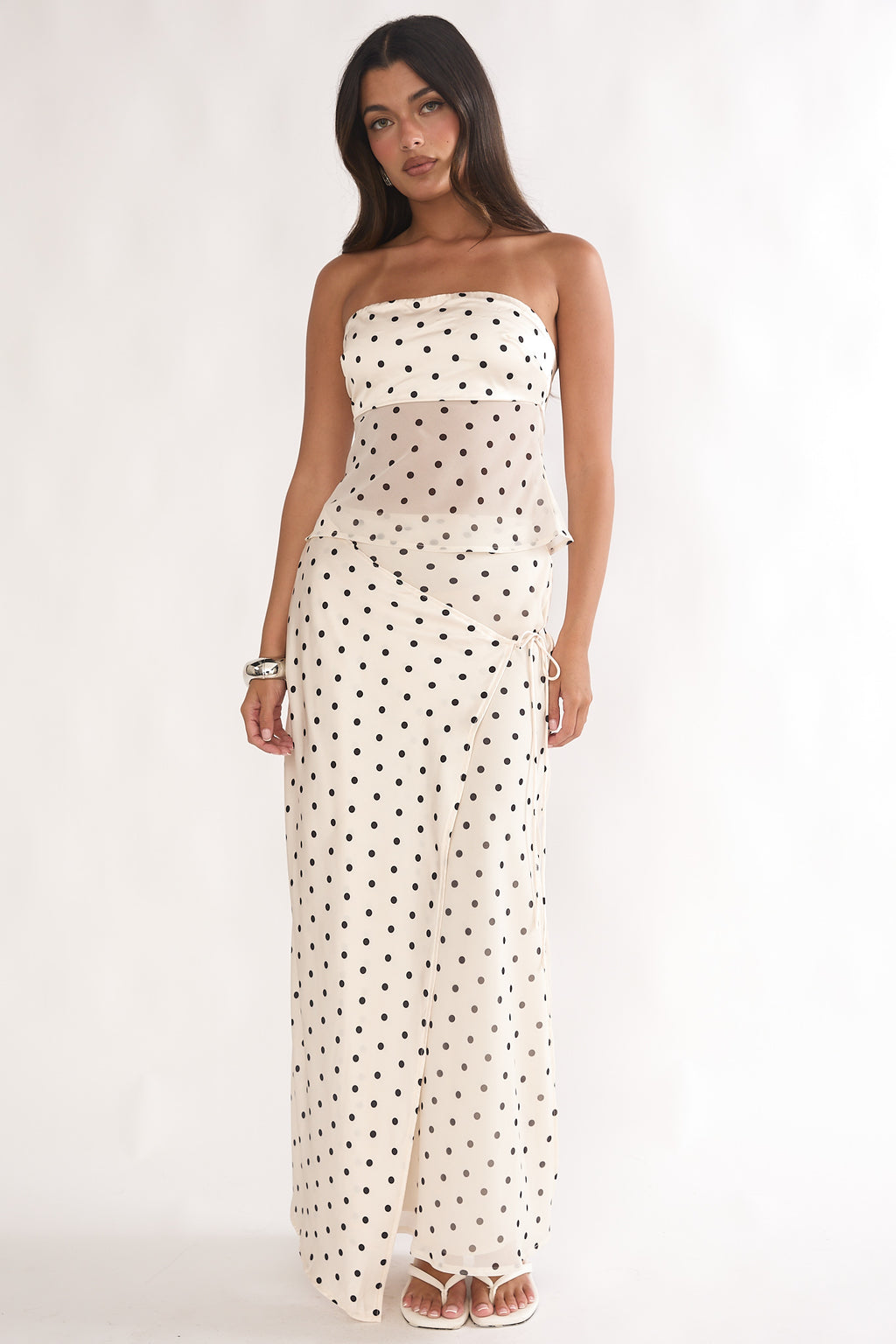Jerica Strapless Sheer Waist Top Polka Dot Beige by Selfie Leslie Australia