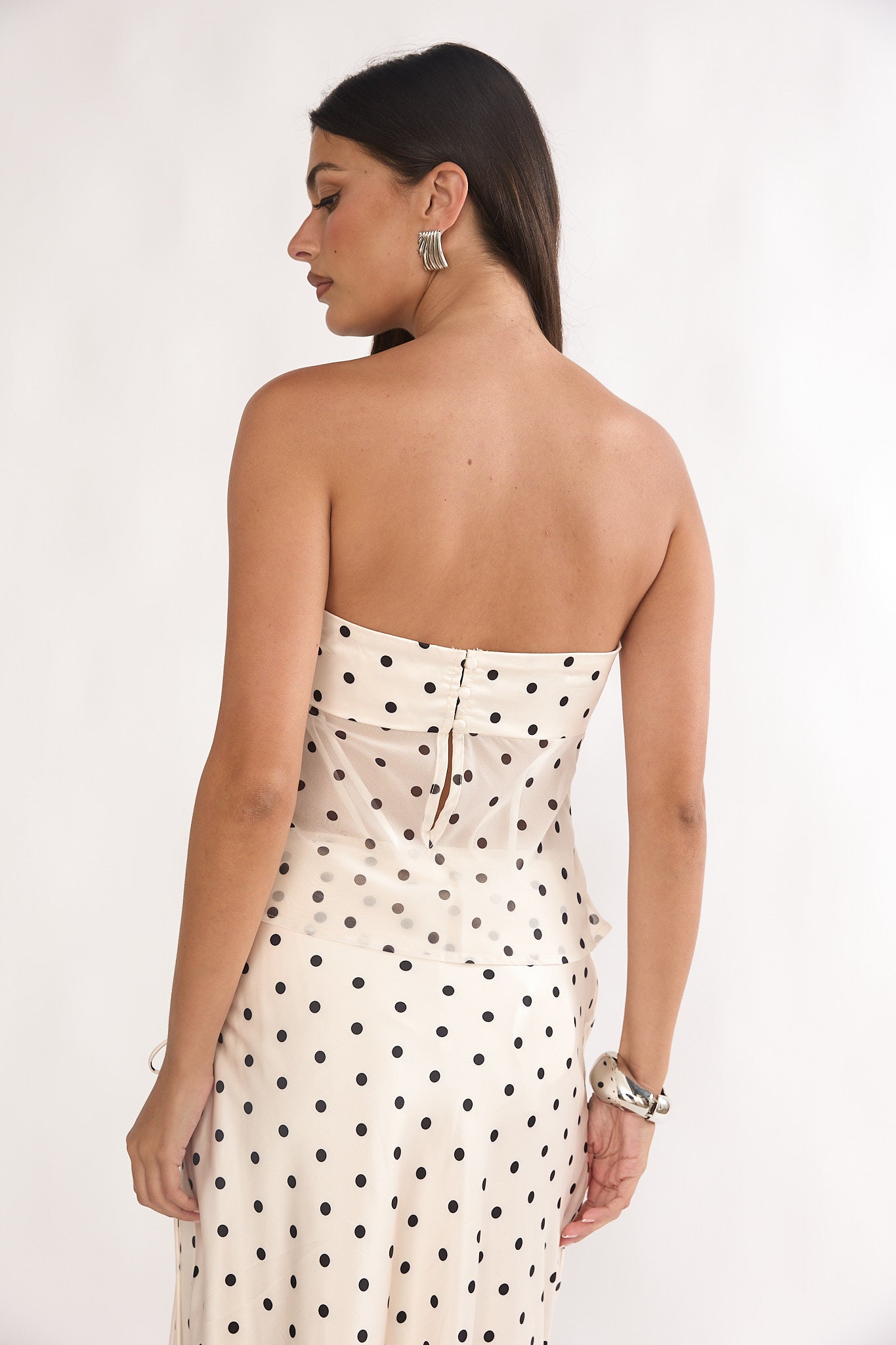 Jerica Strapless Sheer Waist Top Polka Dot Beige by Selfie Leslie Australia