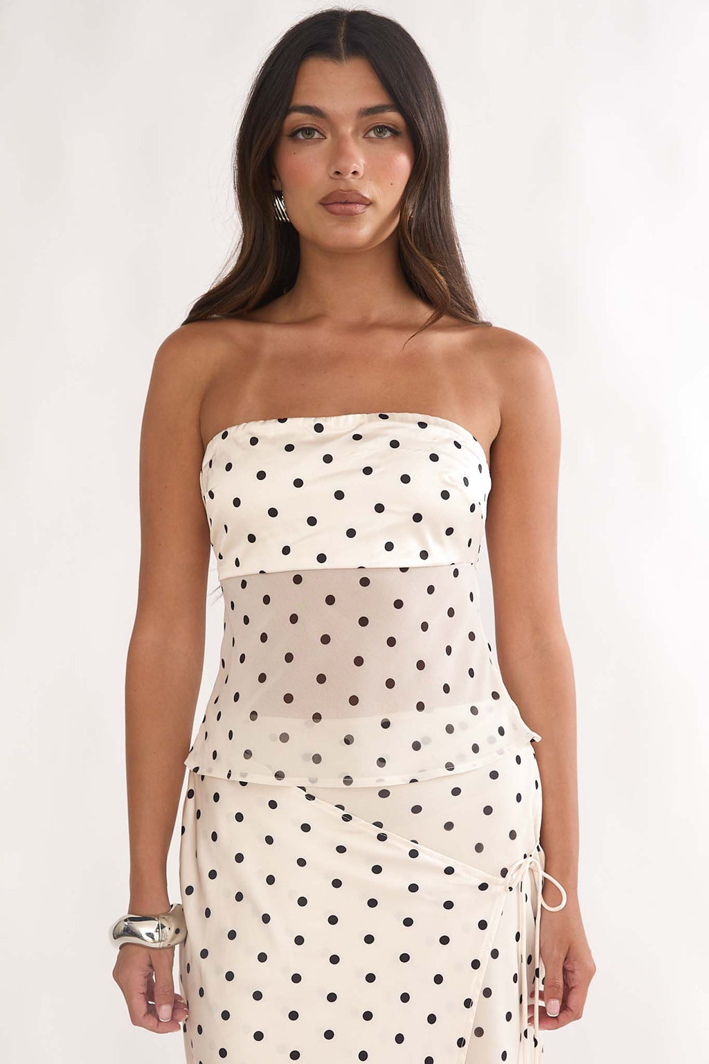 Jerica Strapless Sheer Waist Top Polka Dot Beige by Selfie Leslie Australia