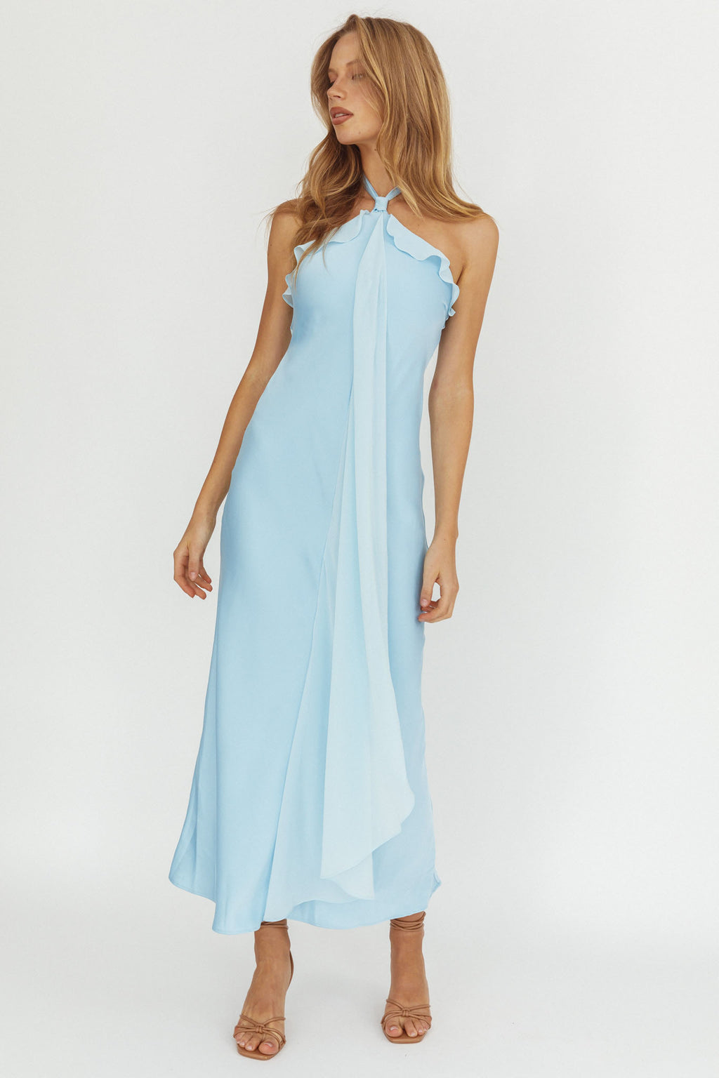 Starlet Halterneck Sash Maxi Dress Baby Blue by Selfie Leslie Australia