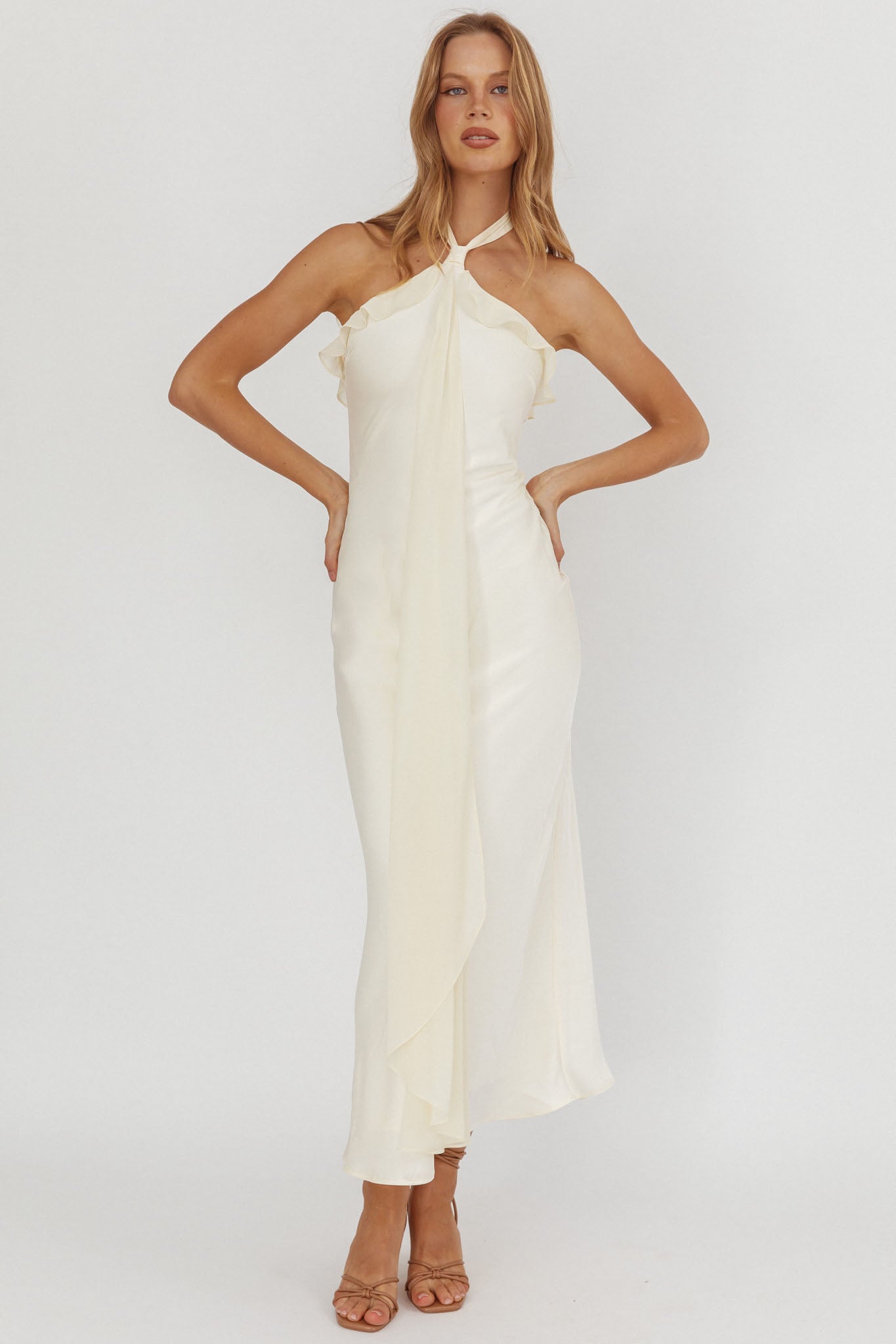 Starlet Halterneck Sash Maxi Dress Butter by Selfie Leslie Australia