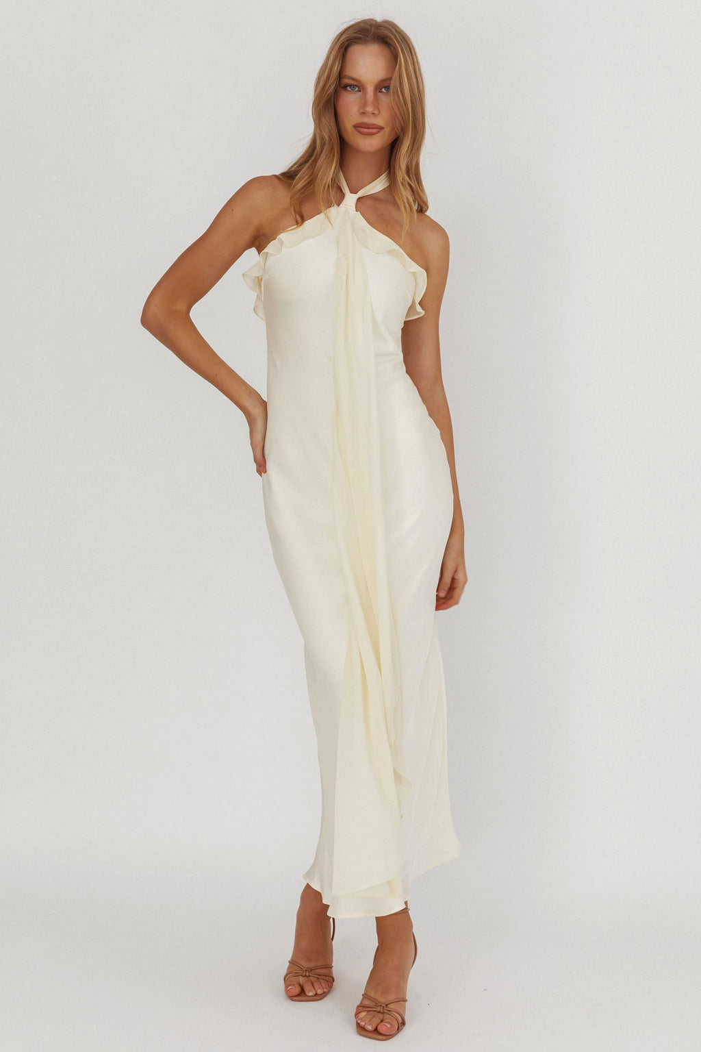 Starlet Halterneck Sash Maxi Dress Butter by Selfie Leslie Australia