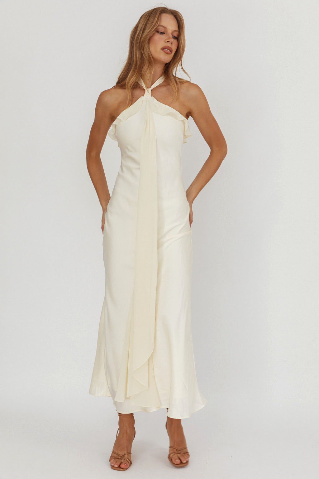 Starlet Halterneck Sash Maxi Dress Butter by Selfie Leslie Australia