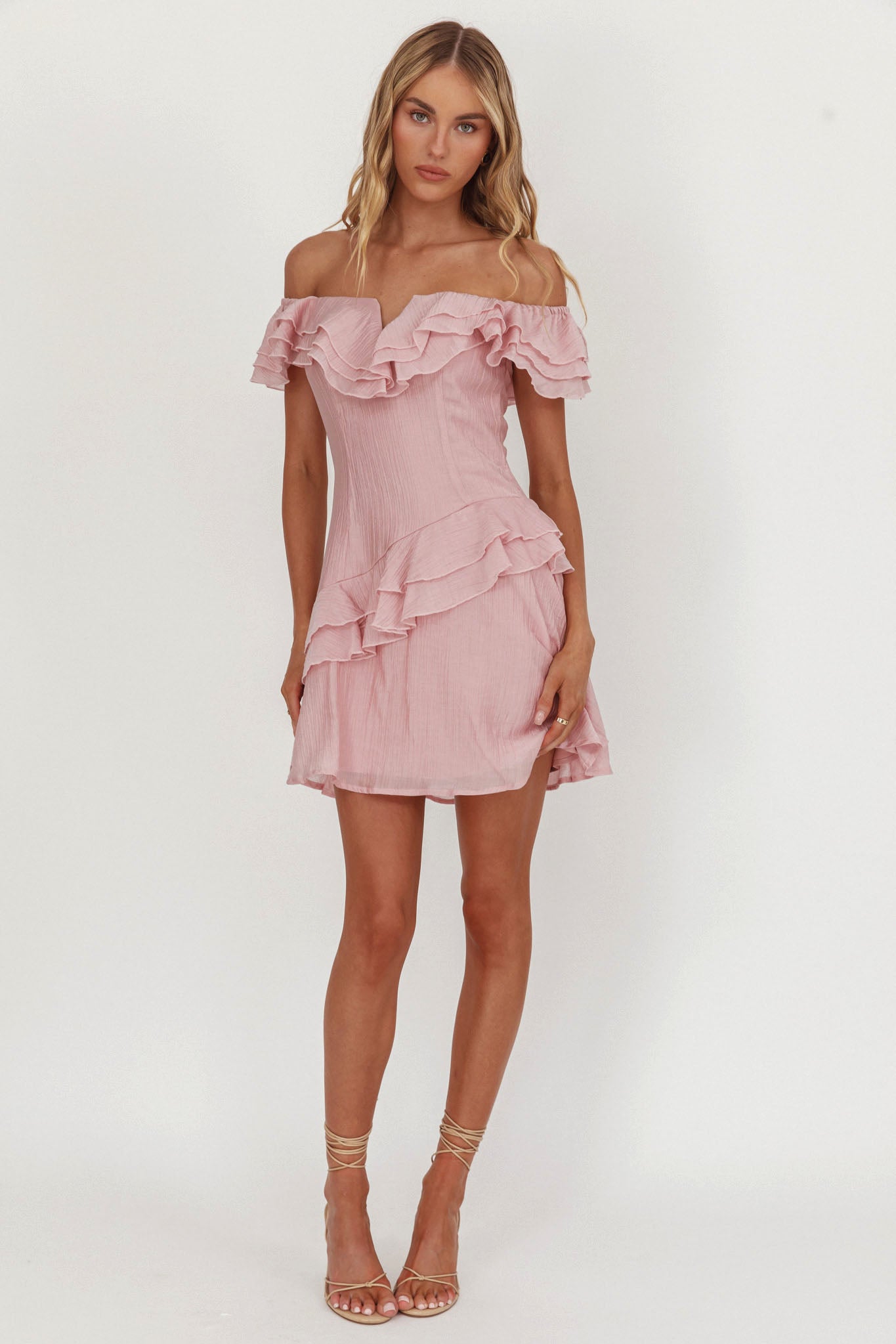 Sinclair Off-Shoulder Ruffle Trim Mini Dress Blush by Selfie Leslie Australia