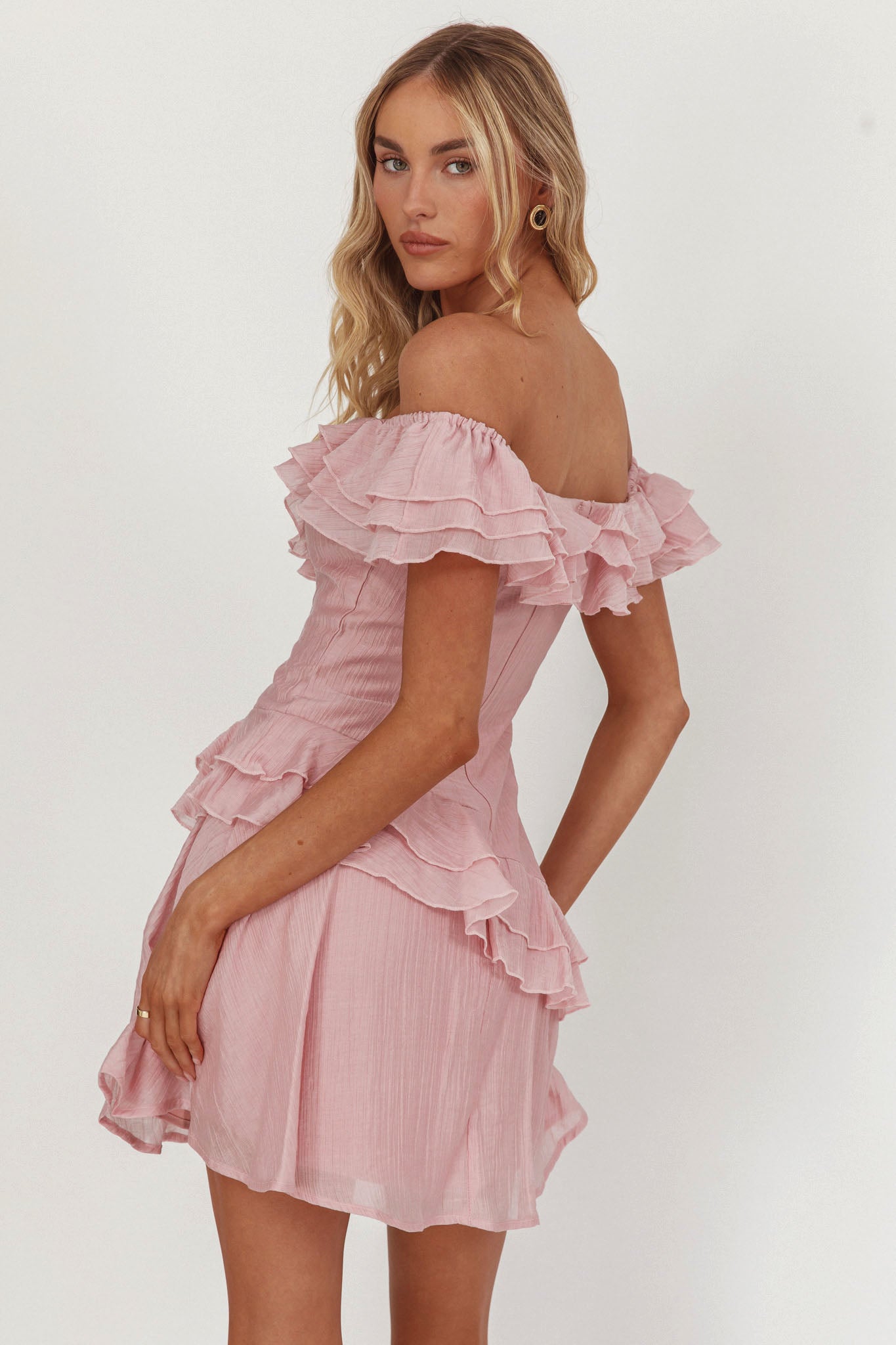 Sinclair Off-Shoulder Ruffle Trim Mini Dress Blush by Selfie Leslie Australia