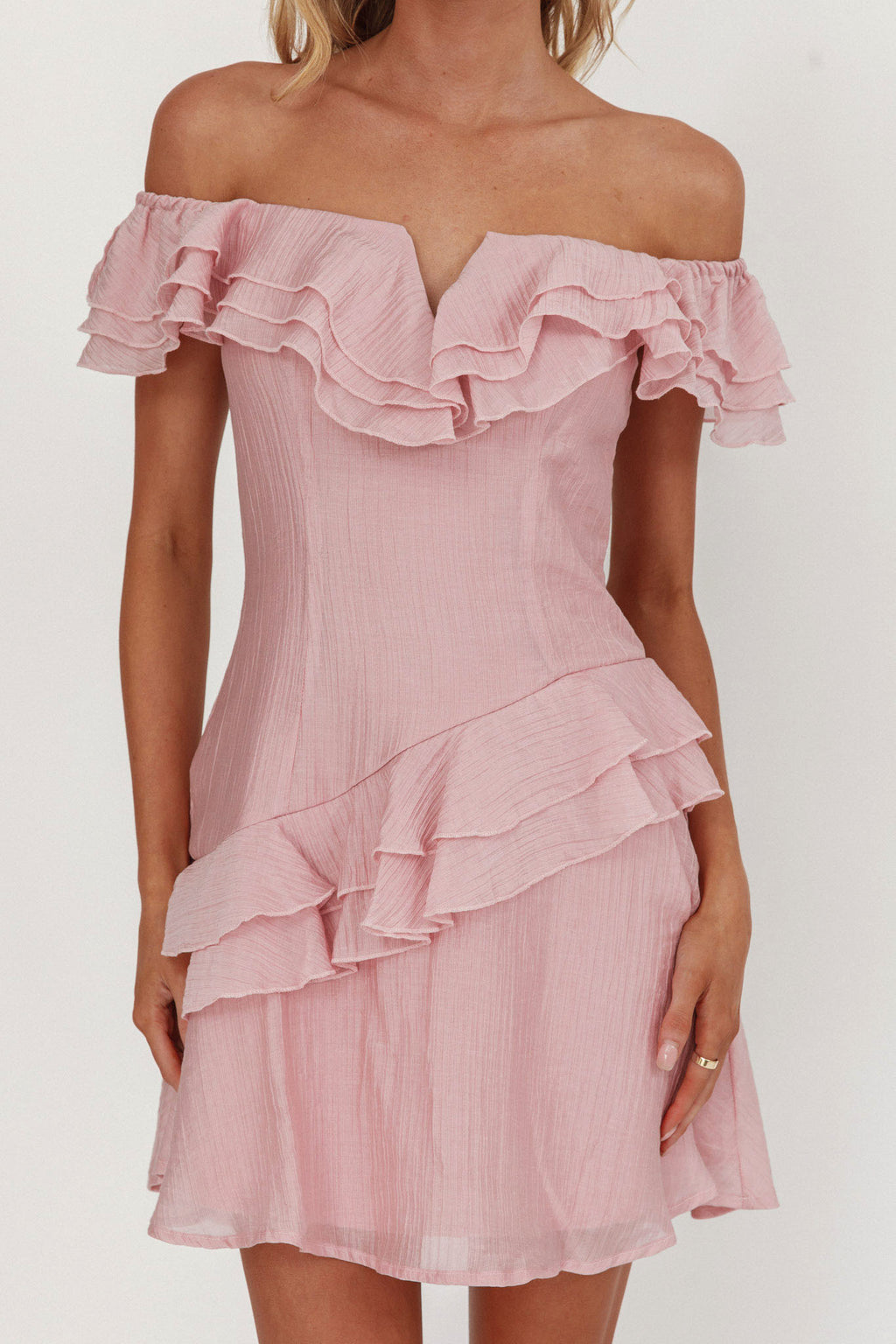 Sinclair Off-Shoulder Ruffle Trim Mini Dress Blush by Selfie Leslie Australia