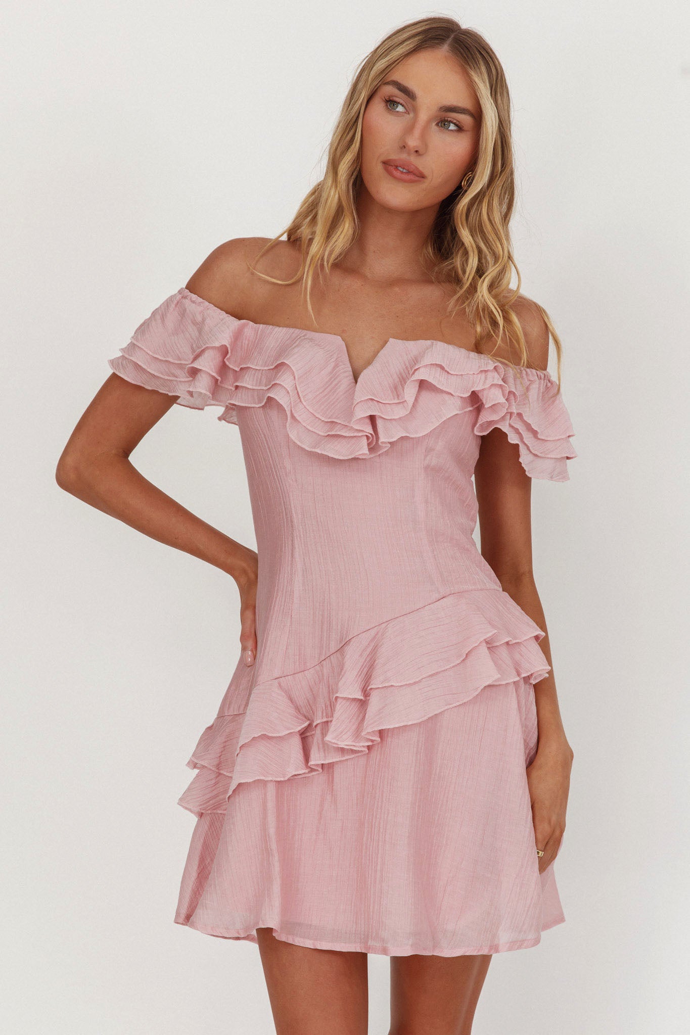 Sinclair Off-Shoulder Ruffle Trim Mini Dress Blush by Selfie Leslie Australia