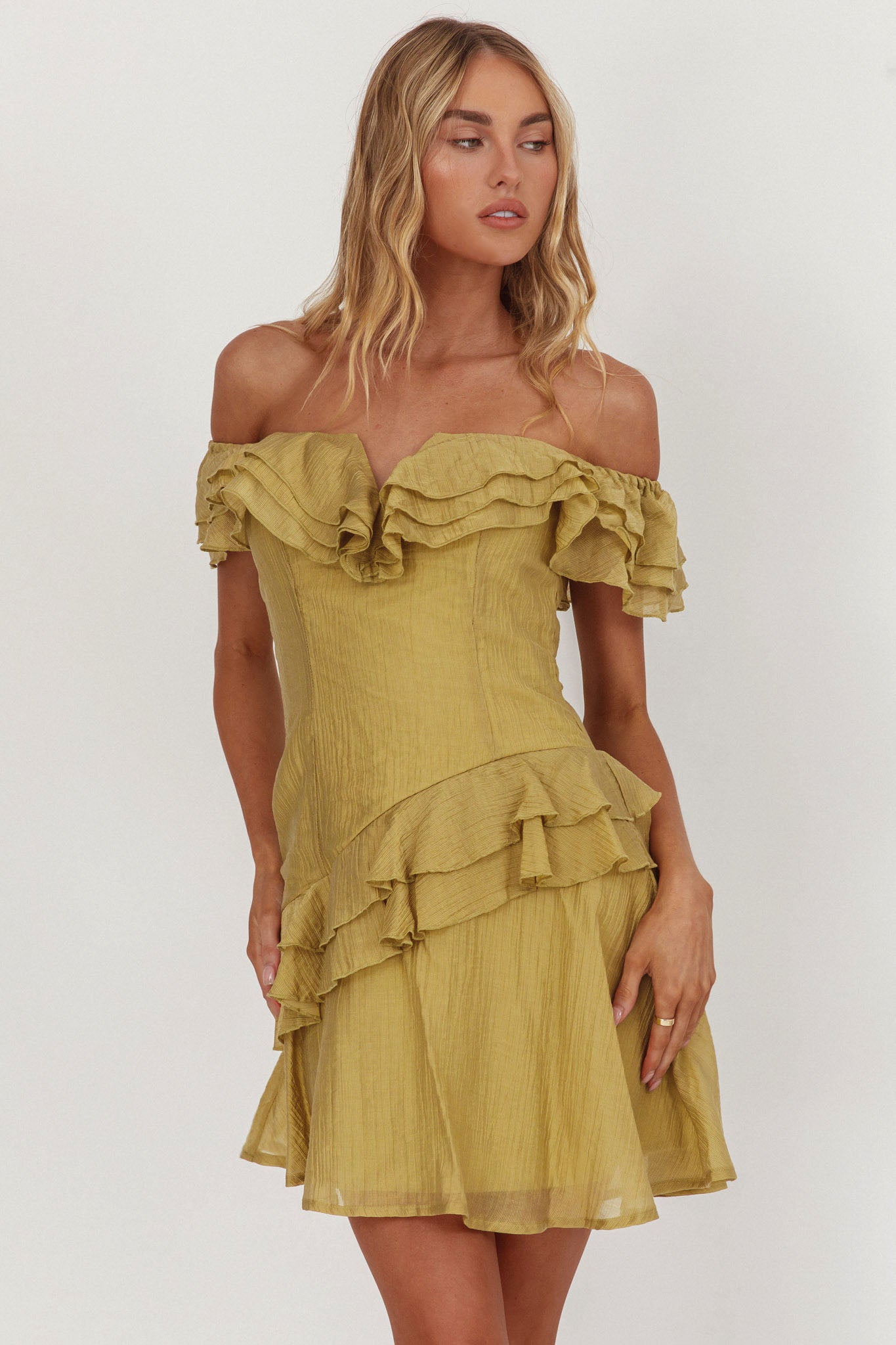 Sinclair Off-Shoulder Ruffle Trim Mini Dress Khaki by Selfie Leslie Australia