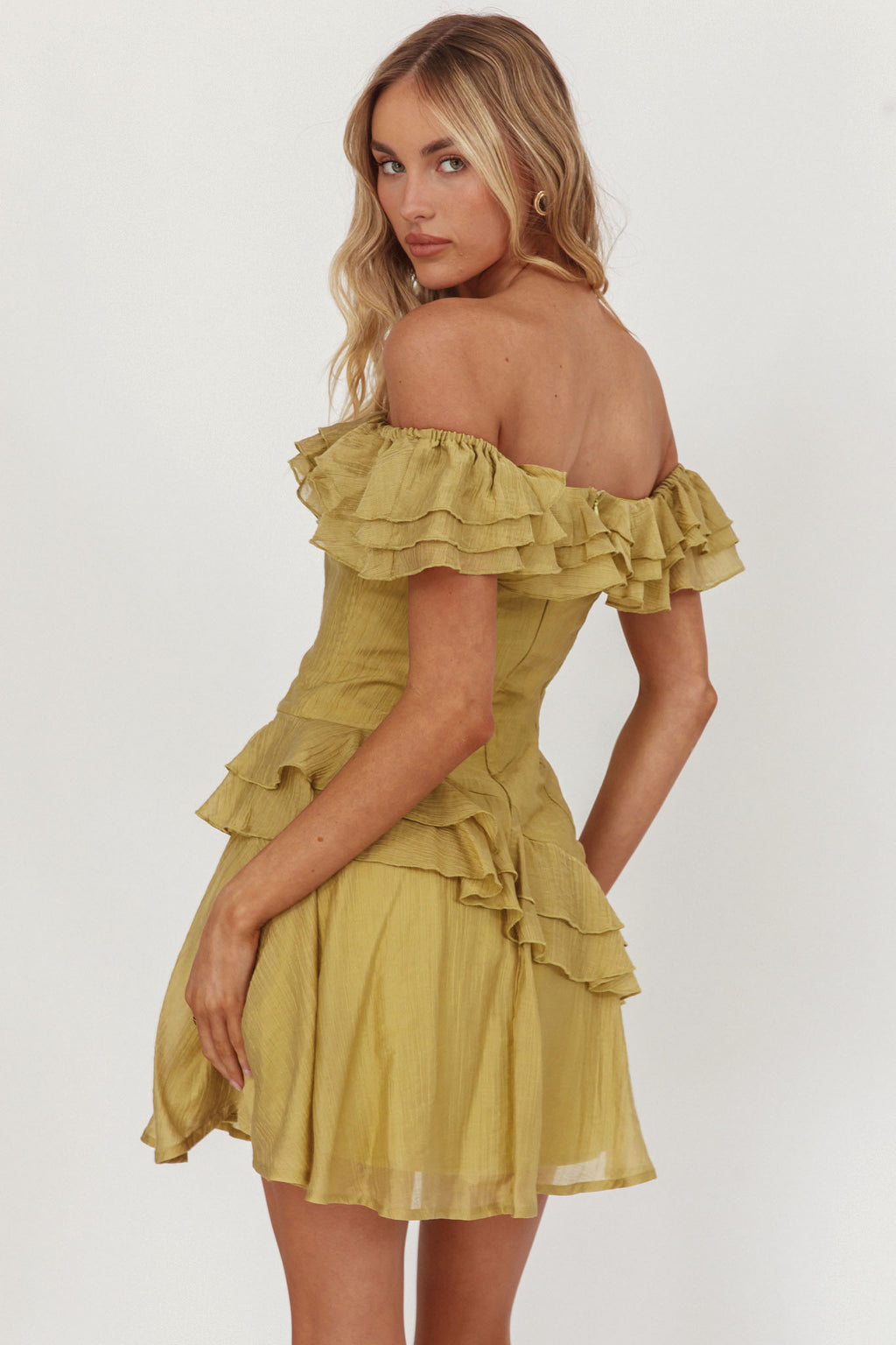 Sinclair Off-Shoulder Ruffle Trim Mini Dress Khaki by Selfie Leslie Australia