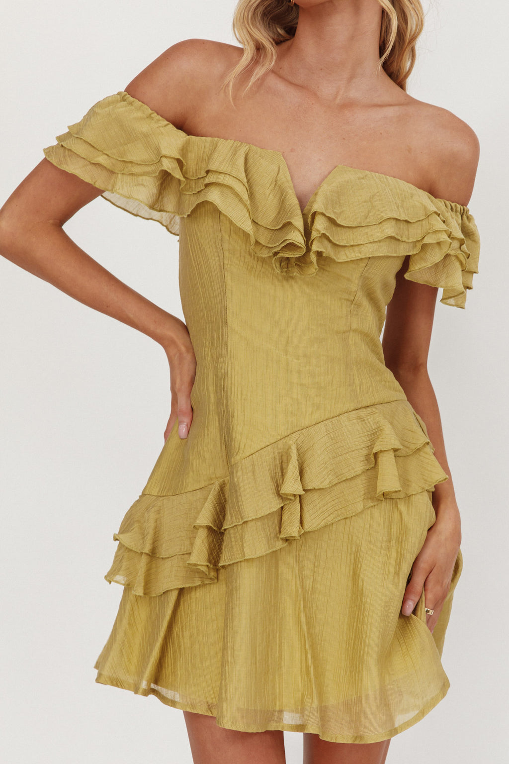 Sinclair Off-Shoulder Ruffle Trim Mini Dress Khaki by Selfie Leslie Australia
