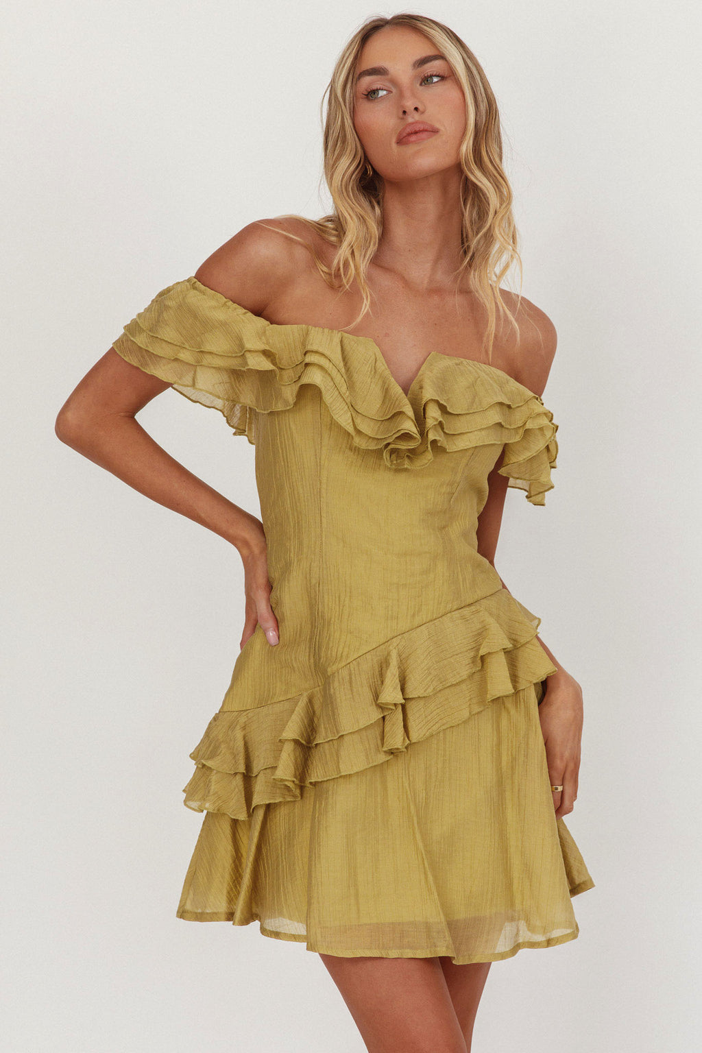 Sinclair Off-Shoulder Ruffle Trim Mini Dress Khaki by Selfie Leslie Australia