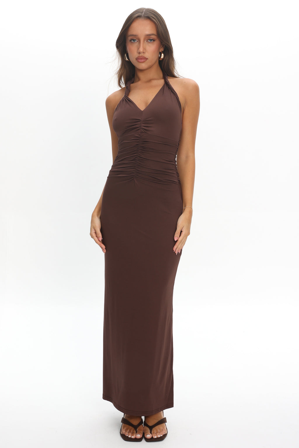 Mixed Feelings Ruched Bodice Halter Maxi Dress Chocolate by Selfie Leslie Australia