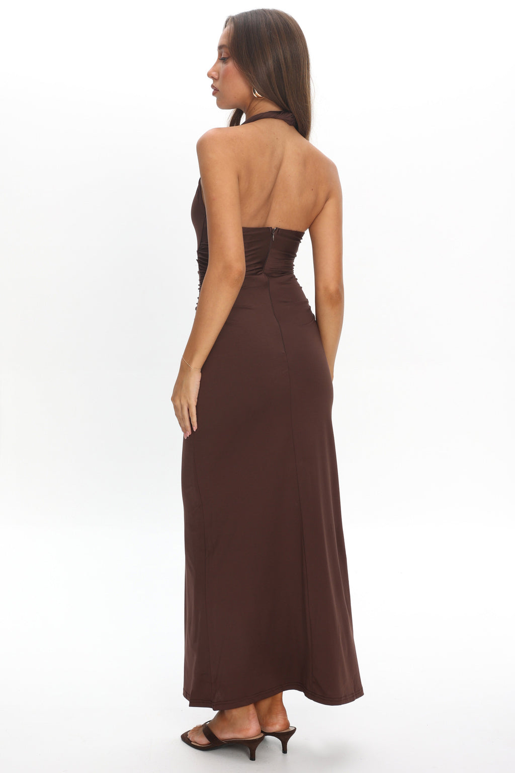 Mixed Feelings Ruched Bodice Halter Maxi Dress Chocolate by Selfie Leslie Australia