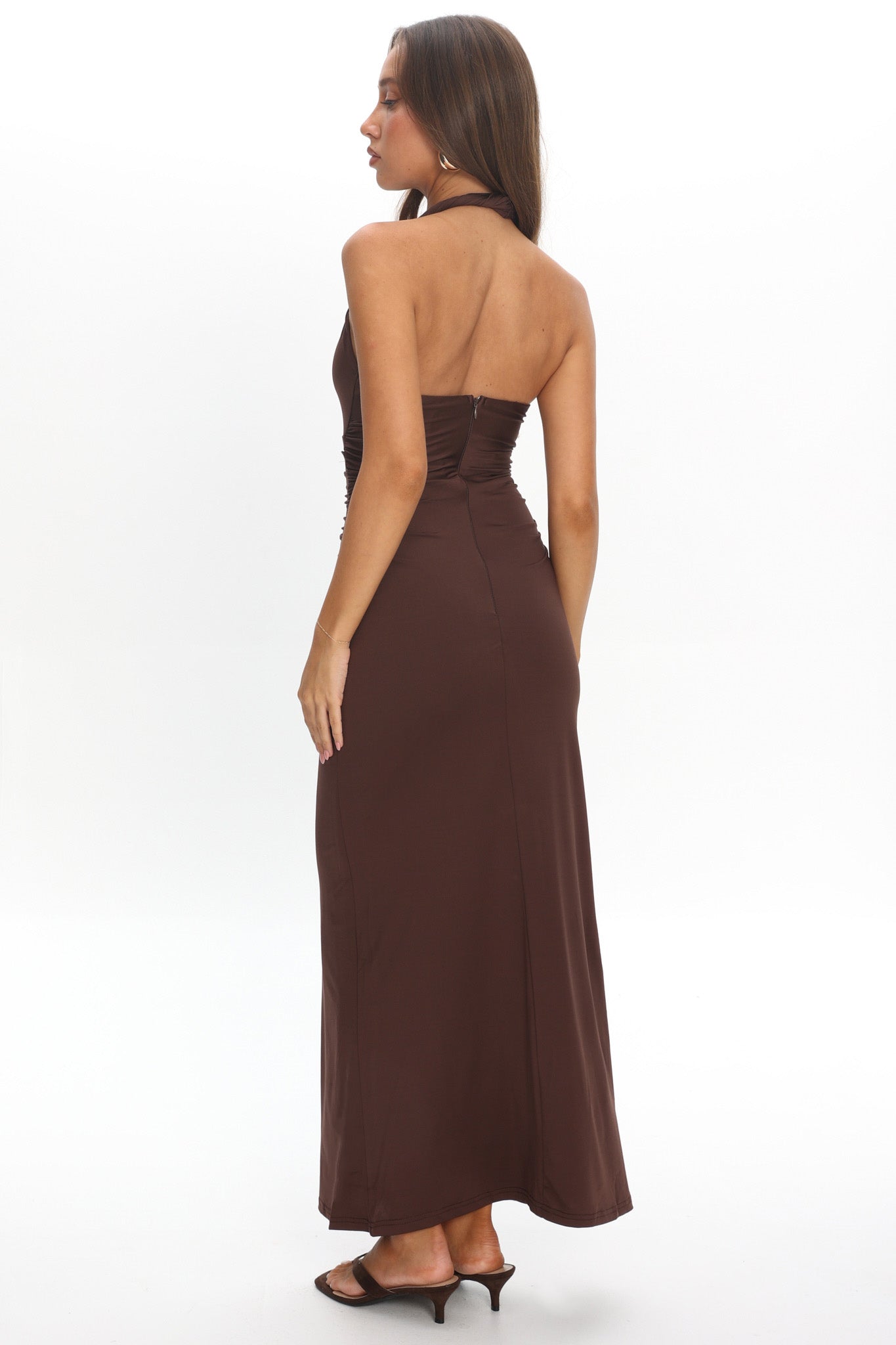 Mixed Feelings Ruched Bodice Halter Maxi Dress Chocolate by Selfie Leslie Australia