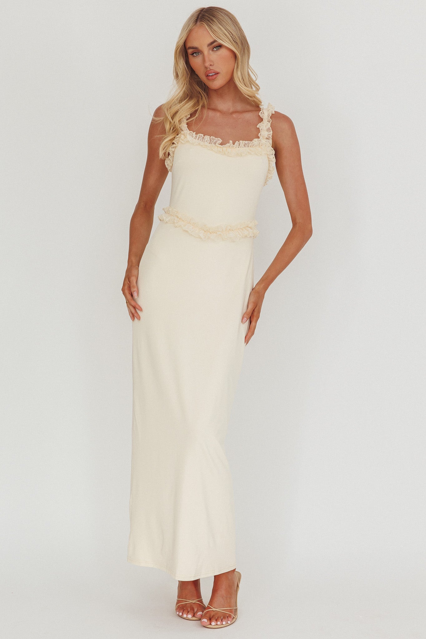 Olivera Lace Frill Trim Maxi Dress Cream by Selfie Leslie Australia