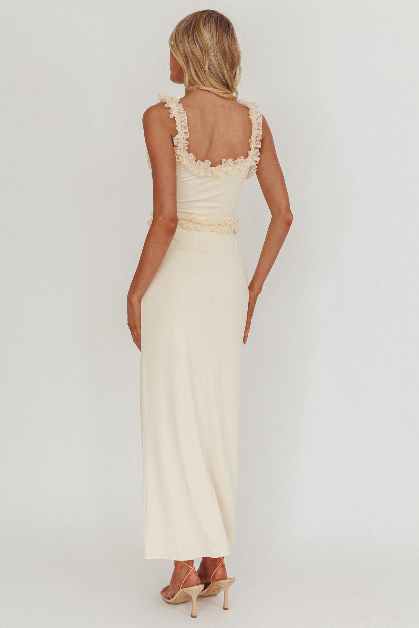 Olivera Lace Frill Trim Maxi Dress Cream by Selfie Leslie Australia