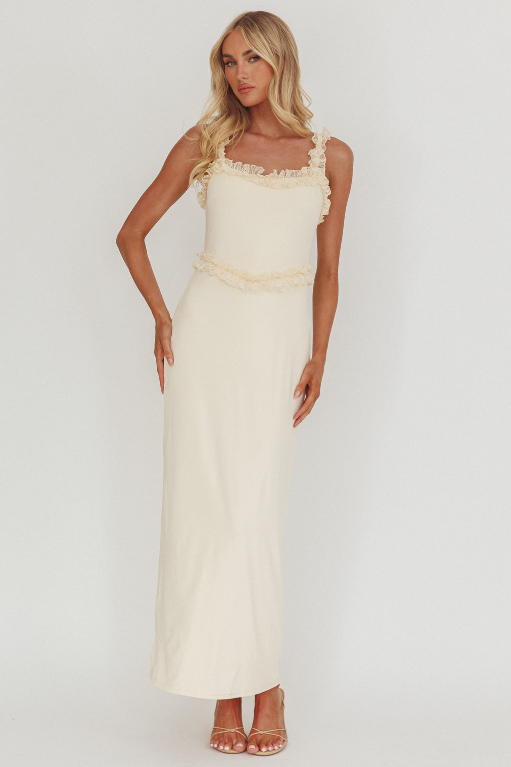 Olivera Lace Frill Trim Maxi Dress Cream by Selfie Leslie Australia