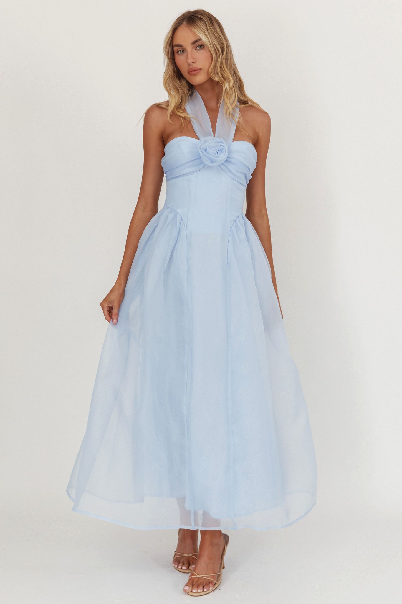 Elvera Rose Bust Halter Midi Dress Blue by Selfie Leslie Australia