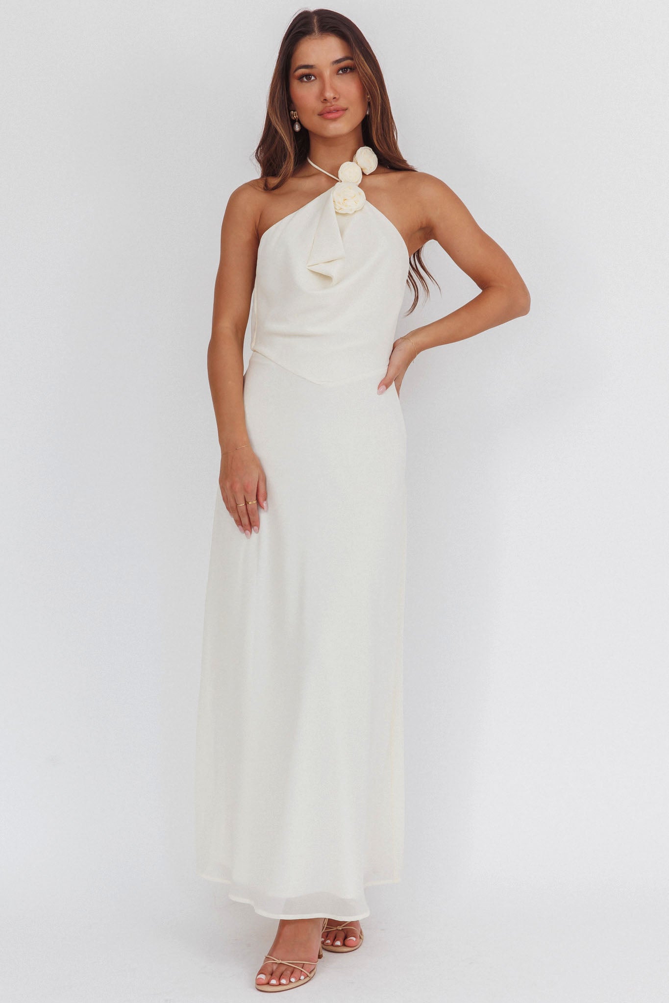 Petronilla Rosette Halterneck Maxi Dress Eggshell by Selfie Leslie Australia