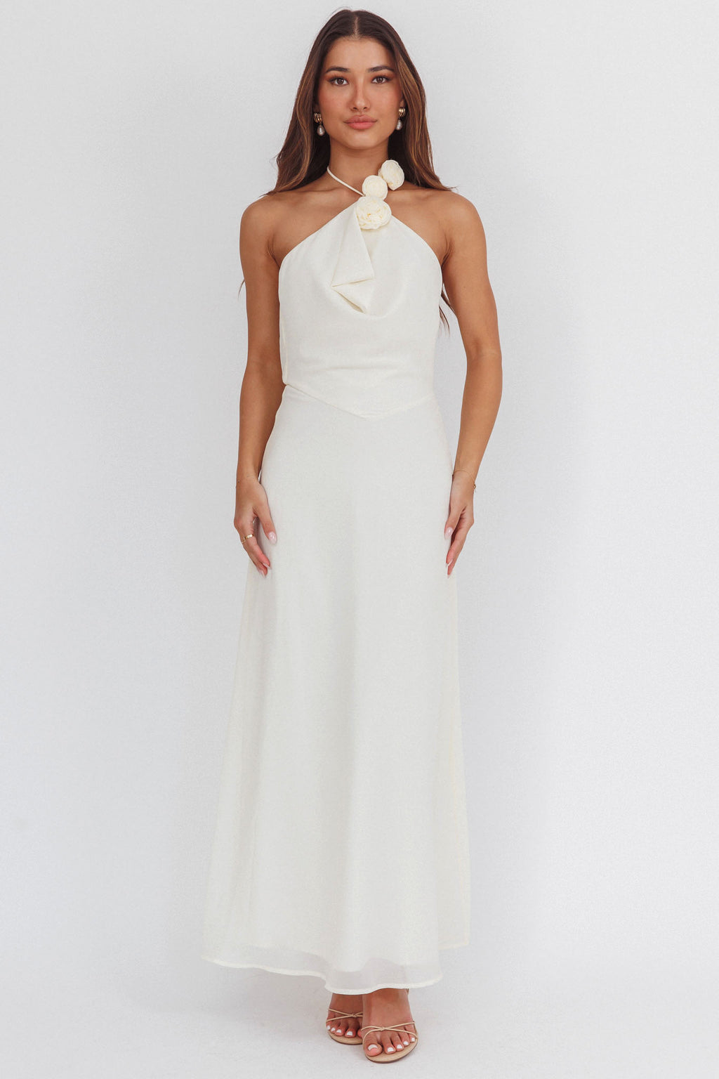 Petronilla Rosette Halterneck Maxi Dress Eggshell by Selfie Leslie Australia