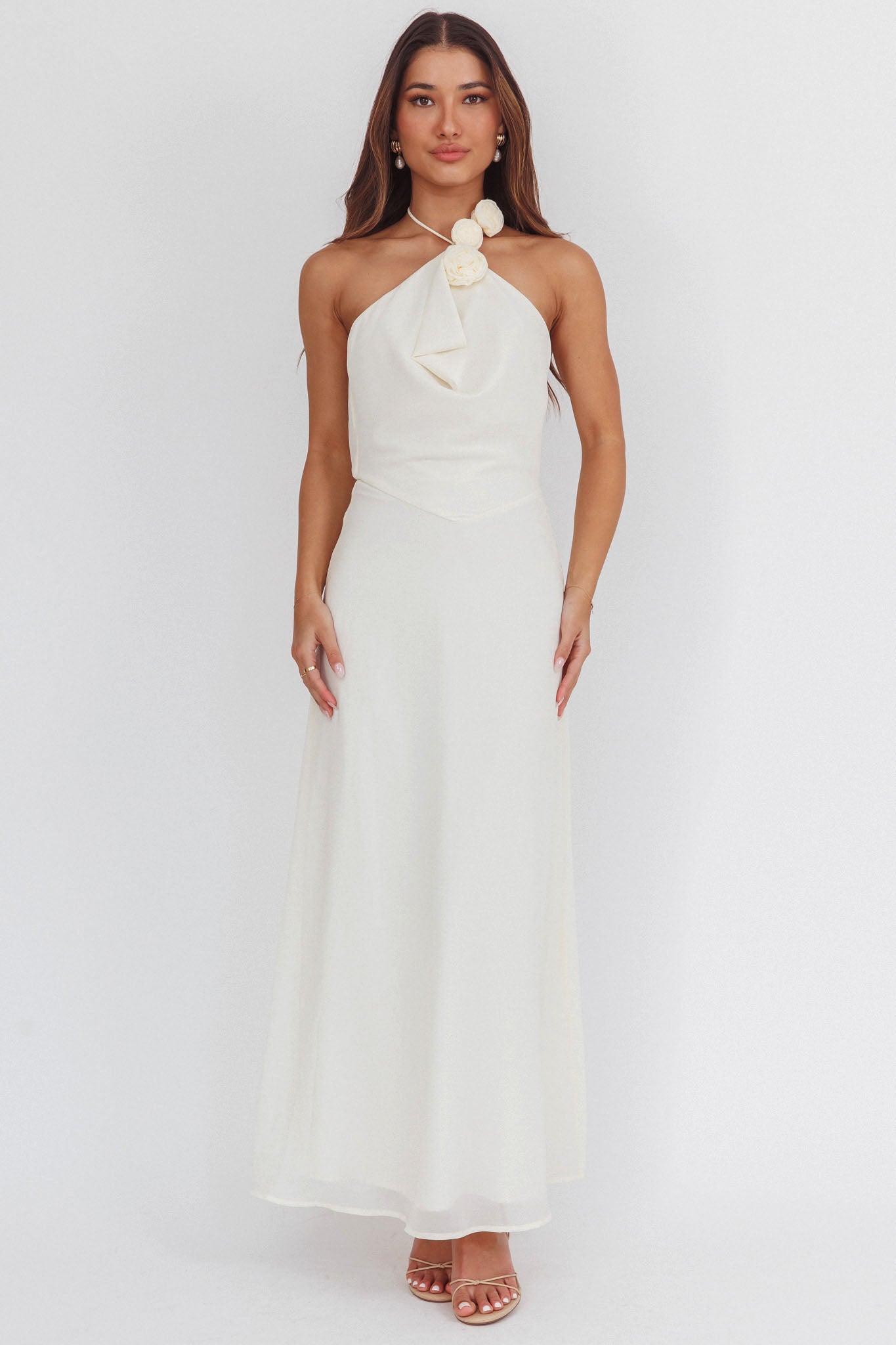 Petronilla Rosette Halterneck Maxi Dress Eggshell by Selfie Leslie Australia