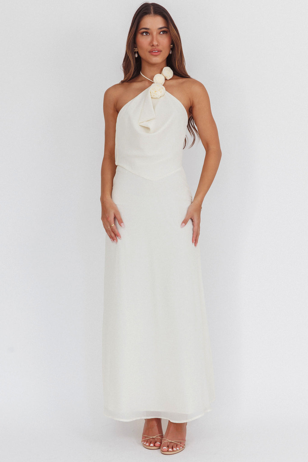 Petronilla Rosette Halterneck Maxi Dress Eggshell by Selfie Leslie Australia