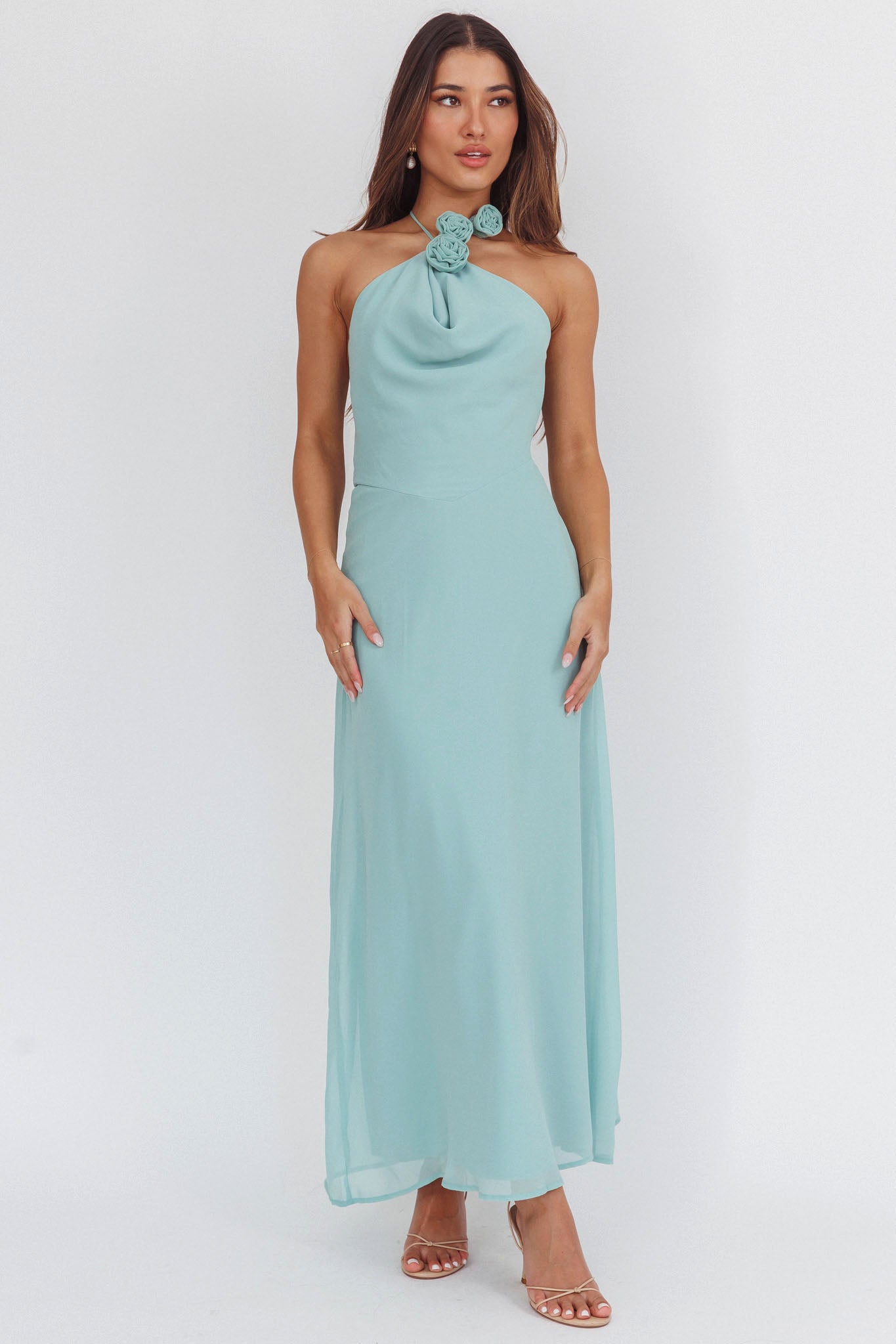 Petronilla Rosette Halterneck Maxi Dress Sage by Selfie Leslie Australia