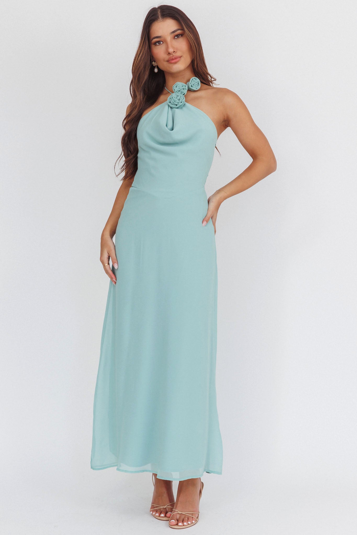 Petronilla Rosette Halterneck Maxi Dress Sage by Selfie Leslie Australia
