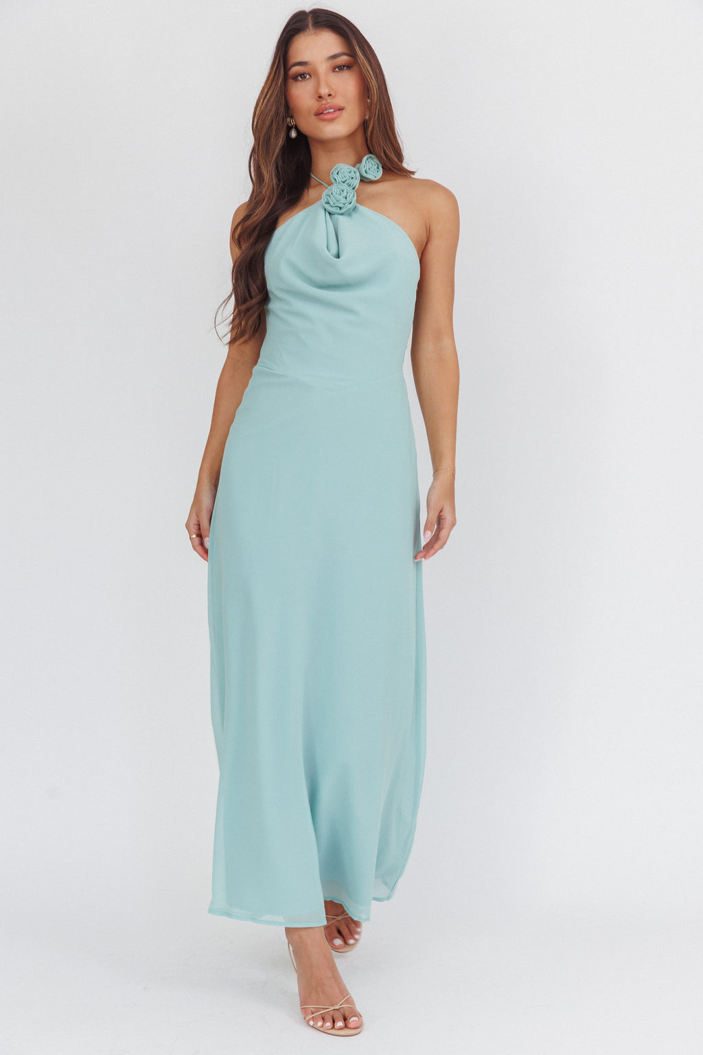 Petronilla Rosette Halterneck Maxi Dress Sage by Selfie Leslie Australia