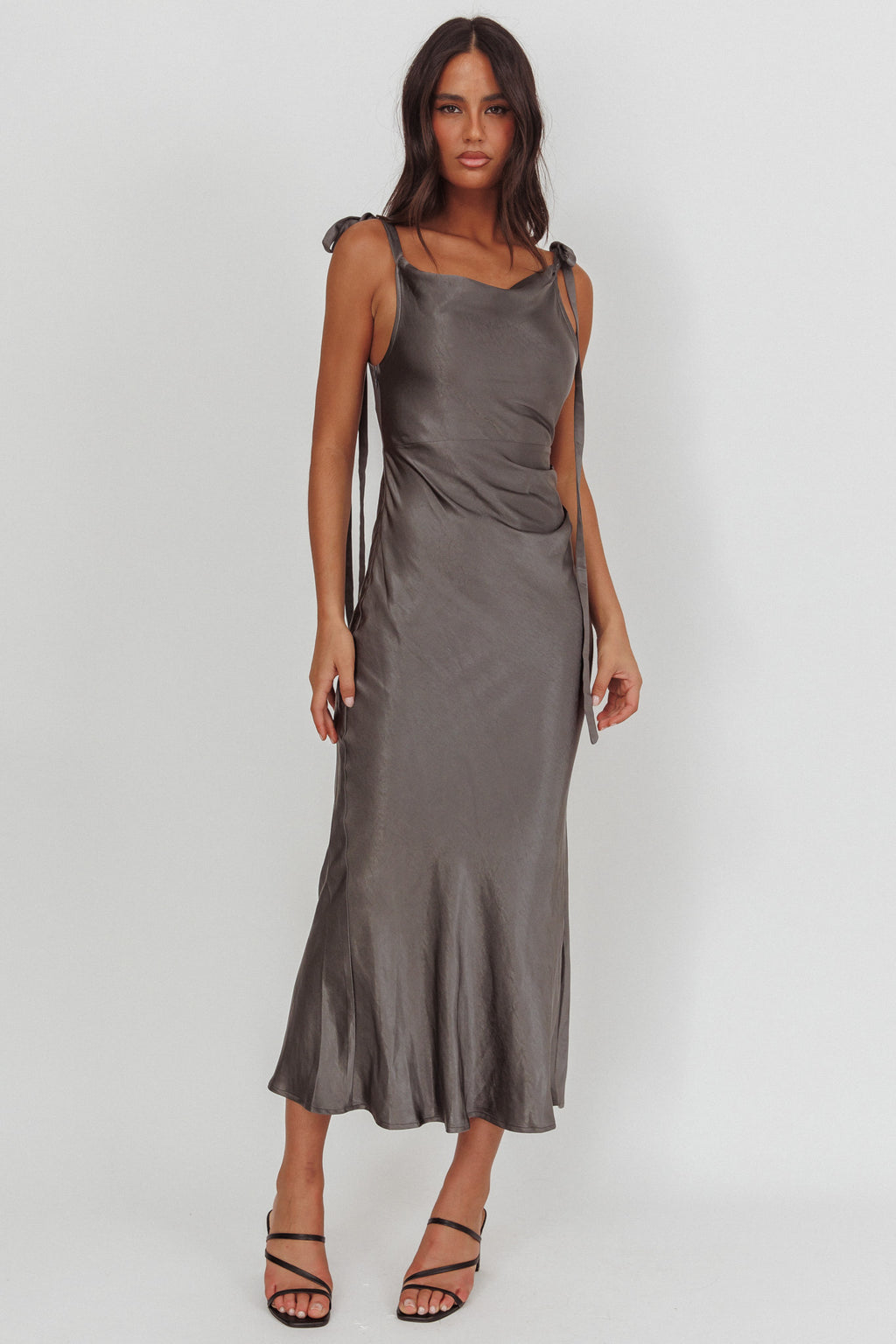 Glory Day Tied Shoulder Cowl Maxi Dress Charcoal by Selfie Leslie Australia