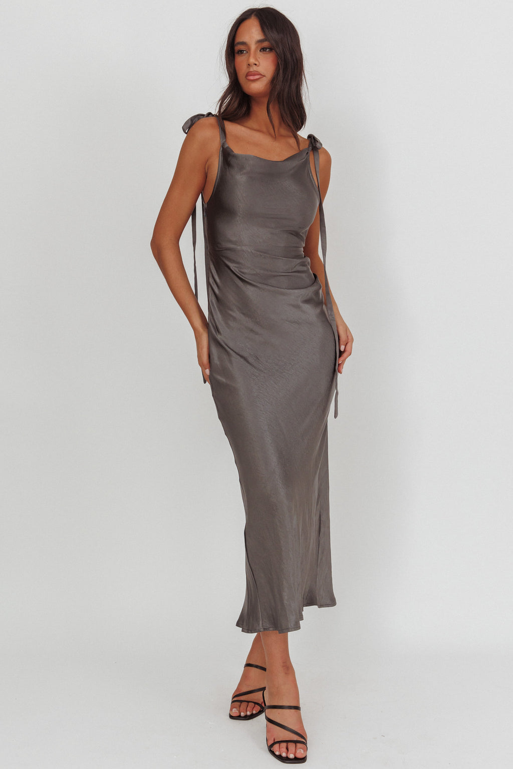 Glory Day Tied Shoulder Cowl Maxi Dress Charcoal by Selfie Leslie Australia