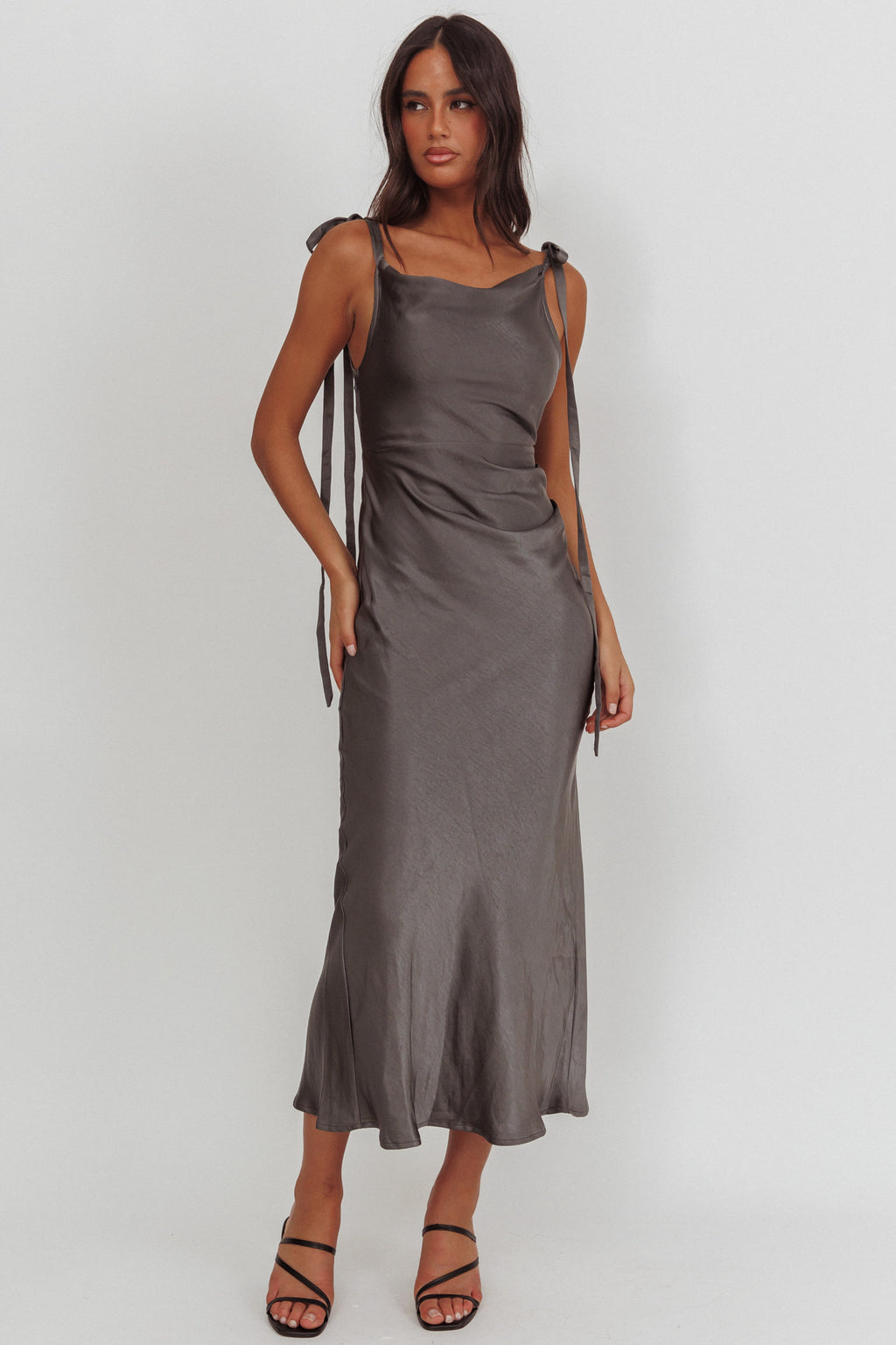 Glory Day Tied Shoulder Cowl Maxi Dress Charcoal by Selfie Leslie Australia