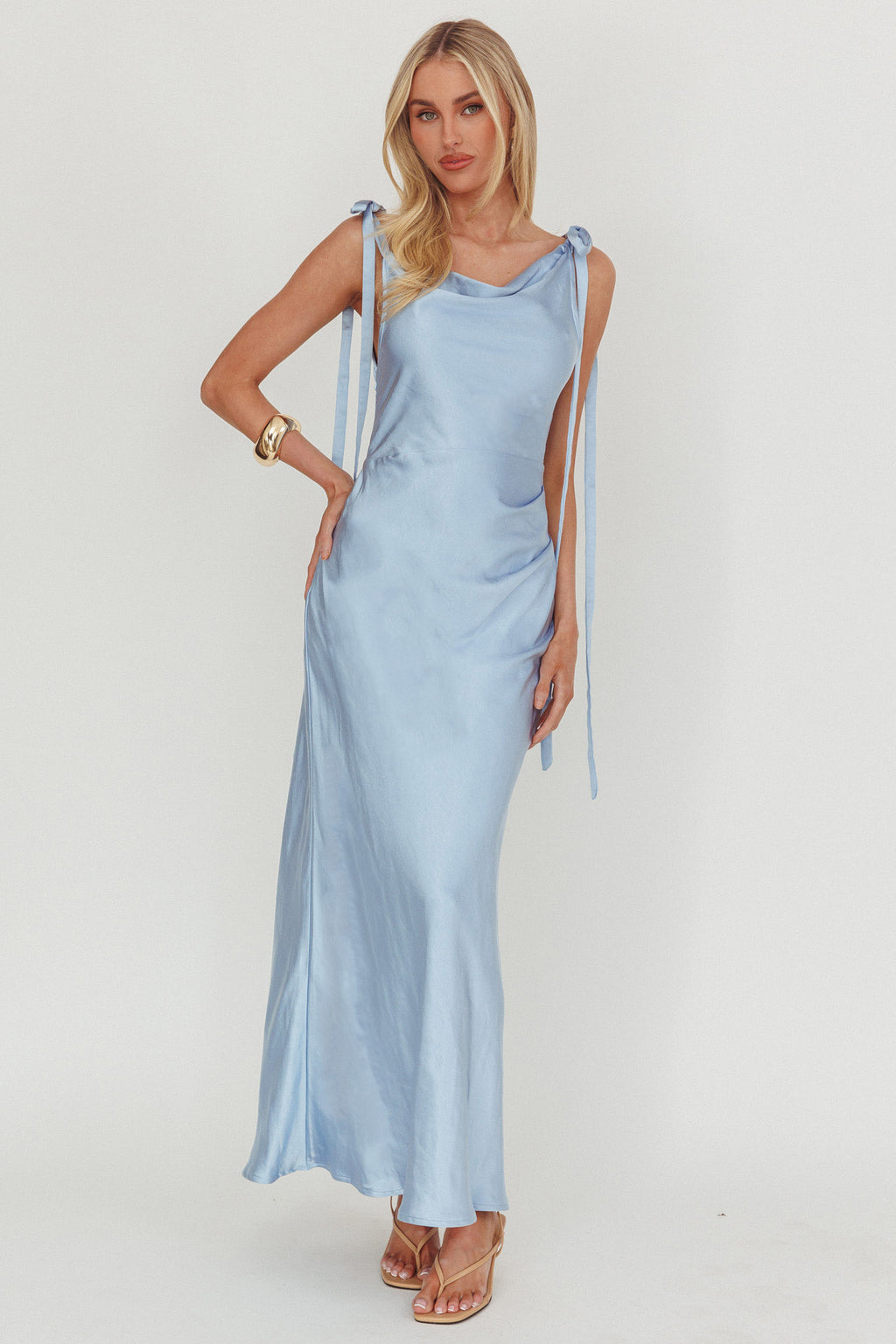 Glory Day Tied Shoulder Cowl Maxi Dress Ice Blue by Selfie Leslie Australia
