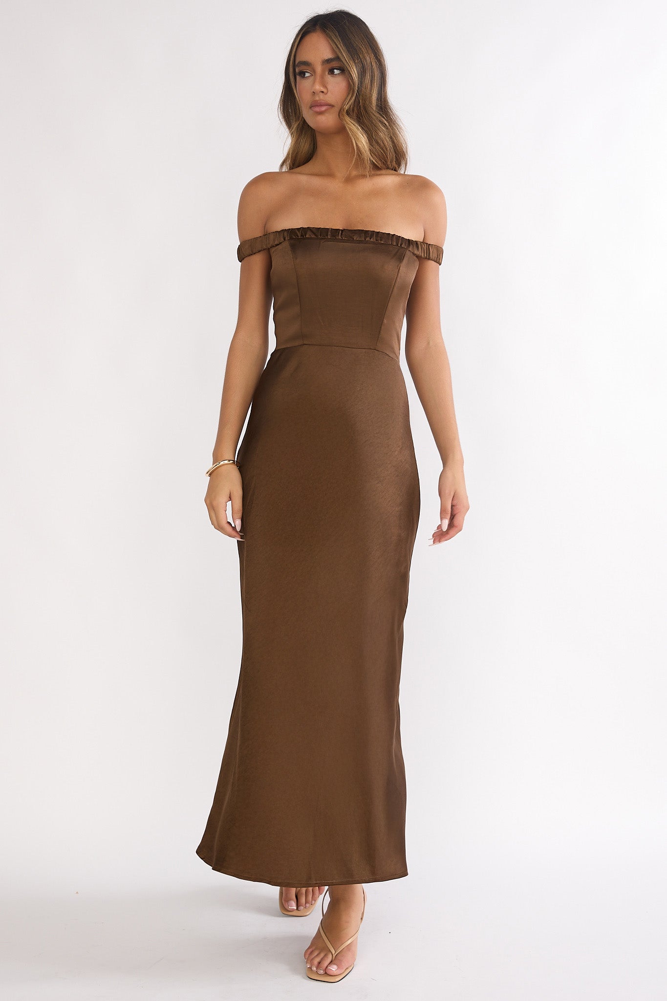 Cari Off-Shoulder Strap Maxi Dress Chocolate by Selfie Leslie Australia